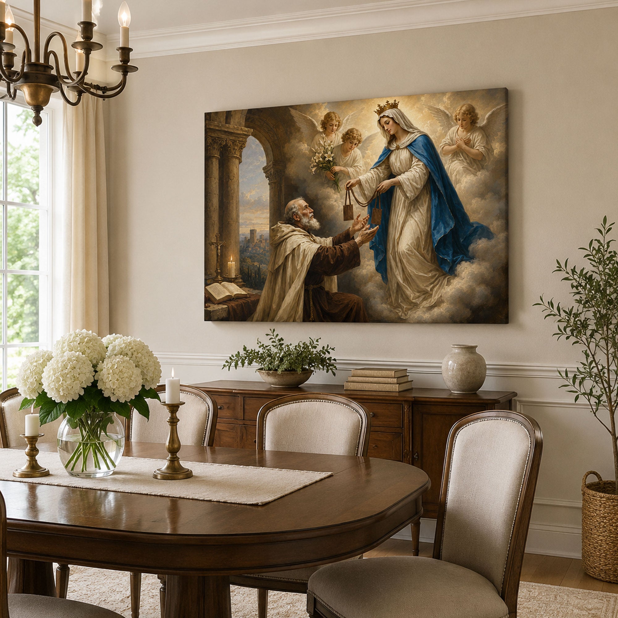 Our Lady of Mount Carmel Canvas Print, Virgin Mary Brown Scapular Catholic Wall Art, Faith Home Decor Gift