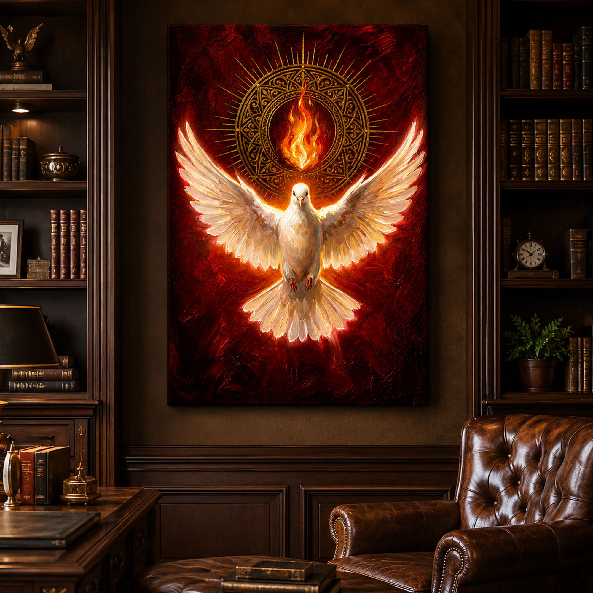 Holy Spirit Dove Wall Art, Red and Gold Pentecost Fire Canvas Print, Christian Catholic Home Decor