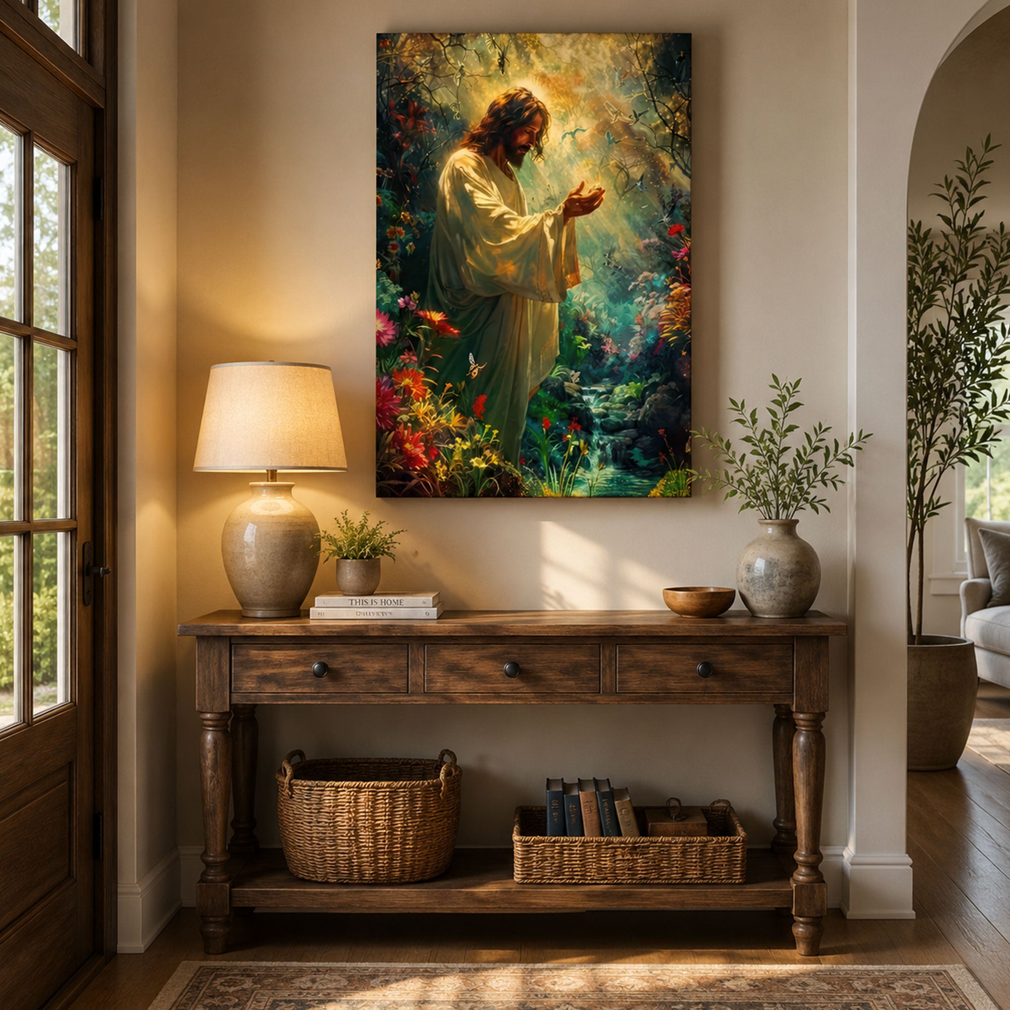 Spiritual Harmony Canvas Wall Art, Jesus Enchanted Garden, Peaceful Christian Faith Home Decor