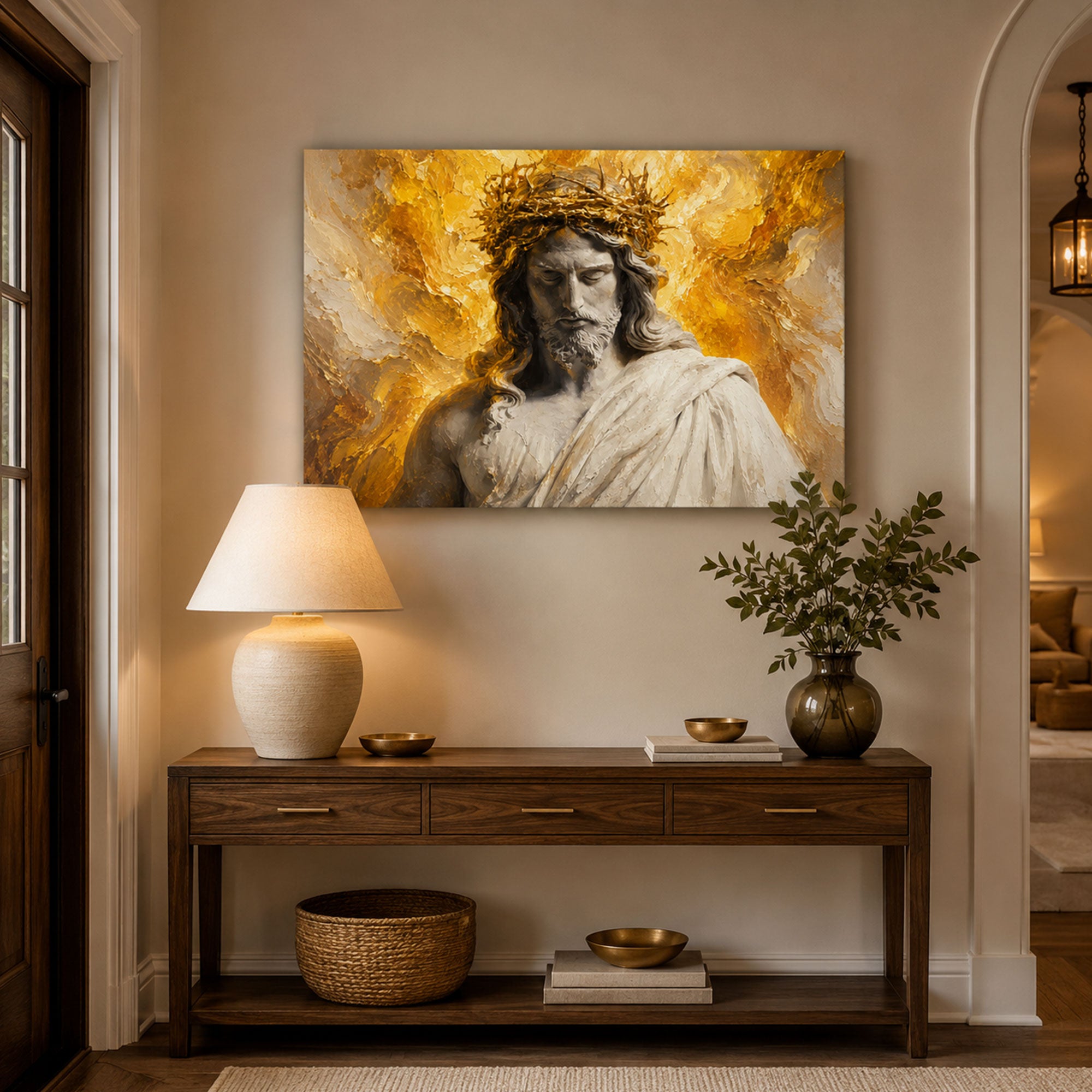 Jesus Crown of Thorns Panoramic Canvas Print, White Gold Catholic Wall Art, Passion of Christ Home Decor Gift