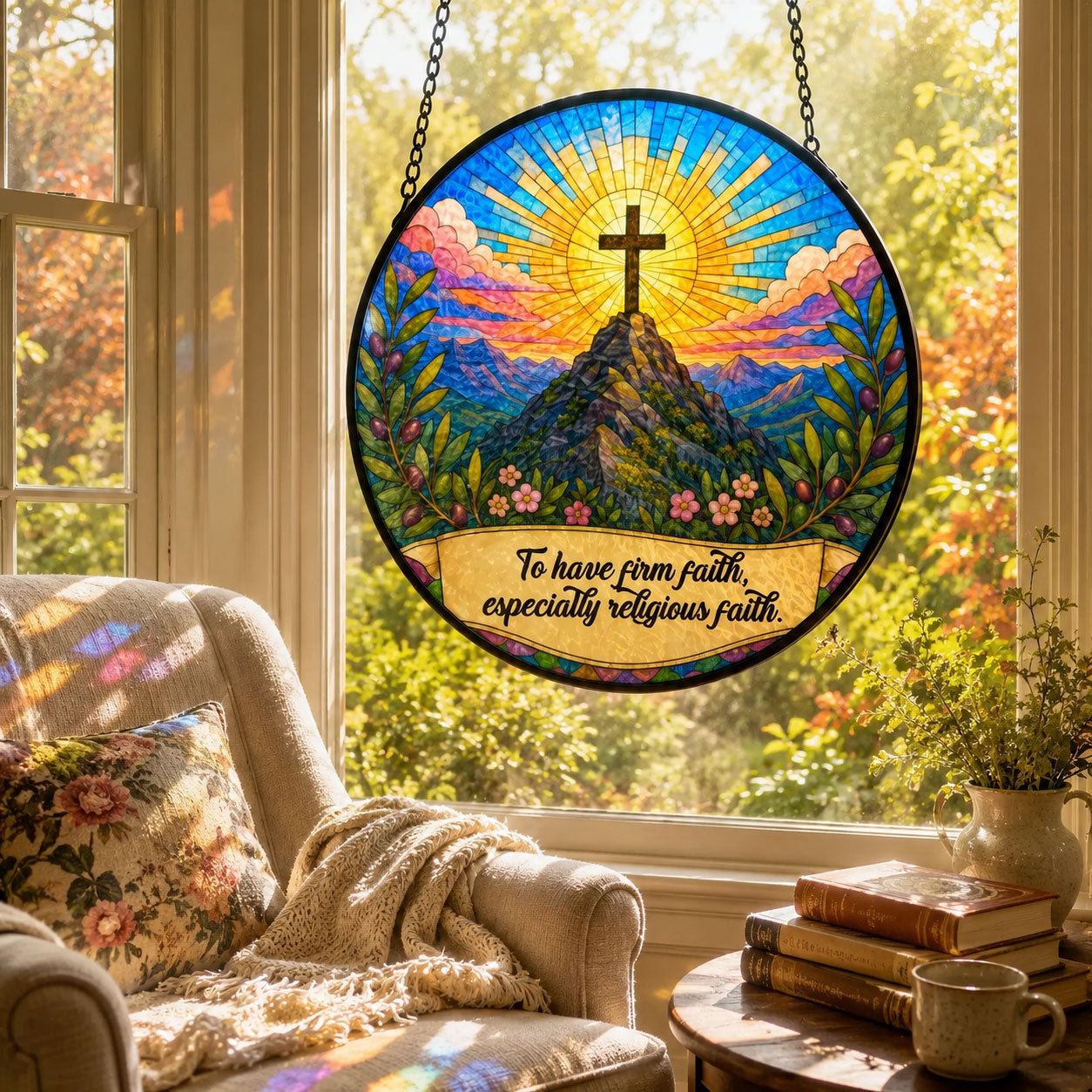 Firm Faith Christian Cross Suncatcher, Mountain Sunrise Window Hanging, Inspirational Religious Gift