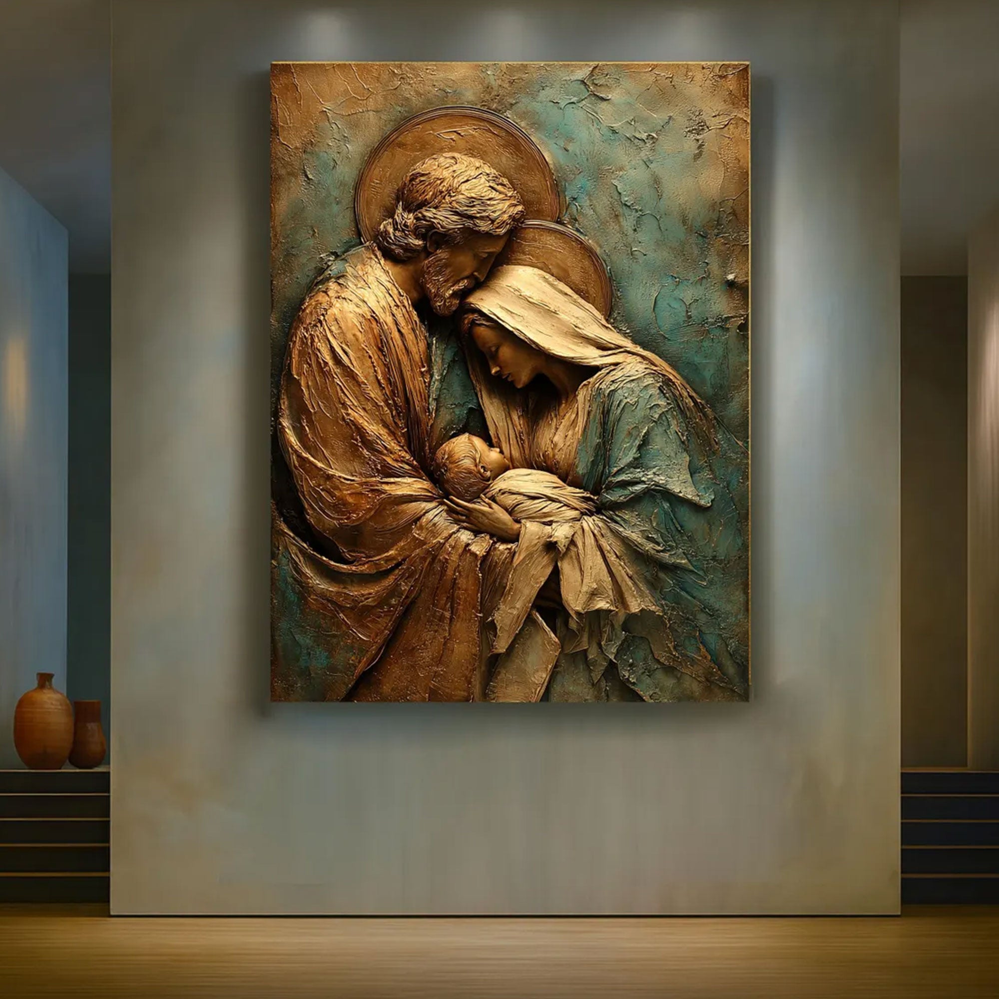 Holy Family Canvas Art, Gold and Teal Religious Wall Decor, Elegant Christian Home Decoration
