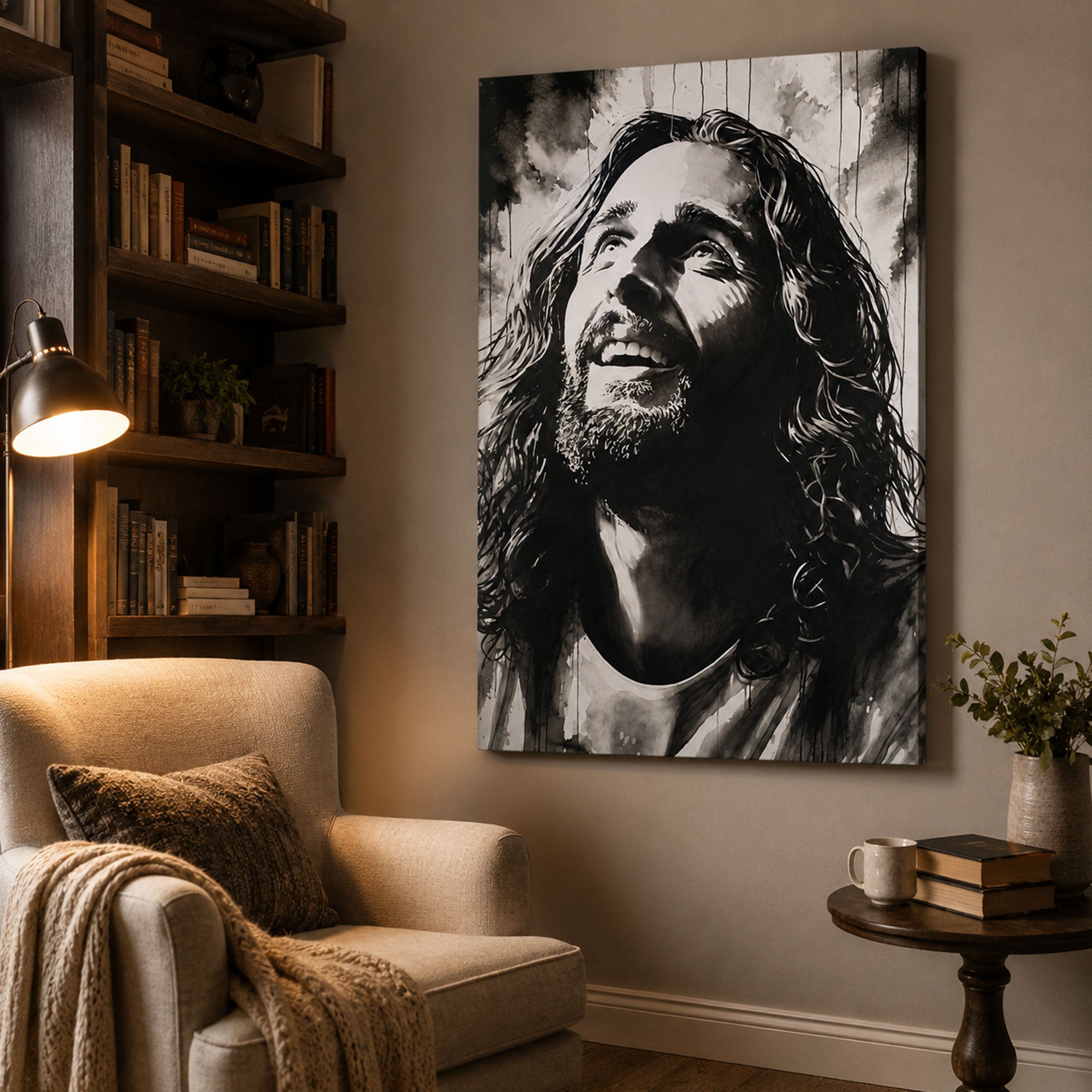 Smiling Jesus Portrait Canvas Print, Black White Christian Wall Art, Faith Home Decor