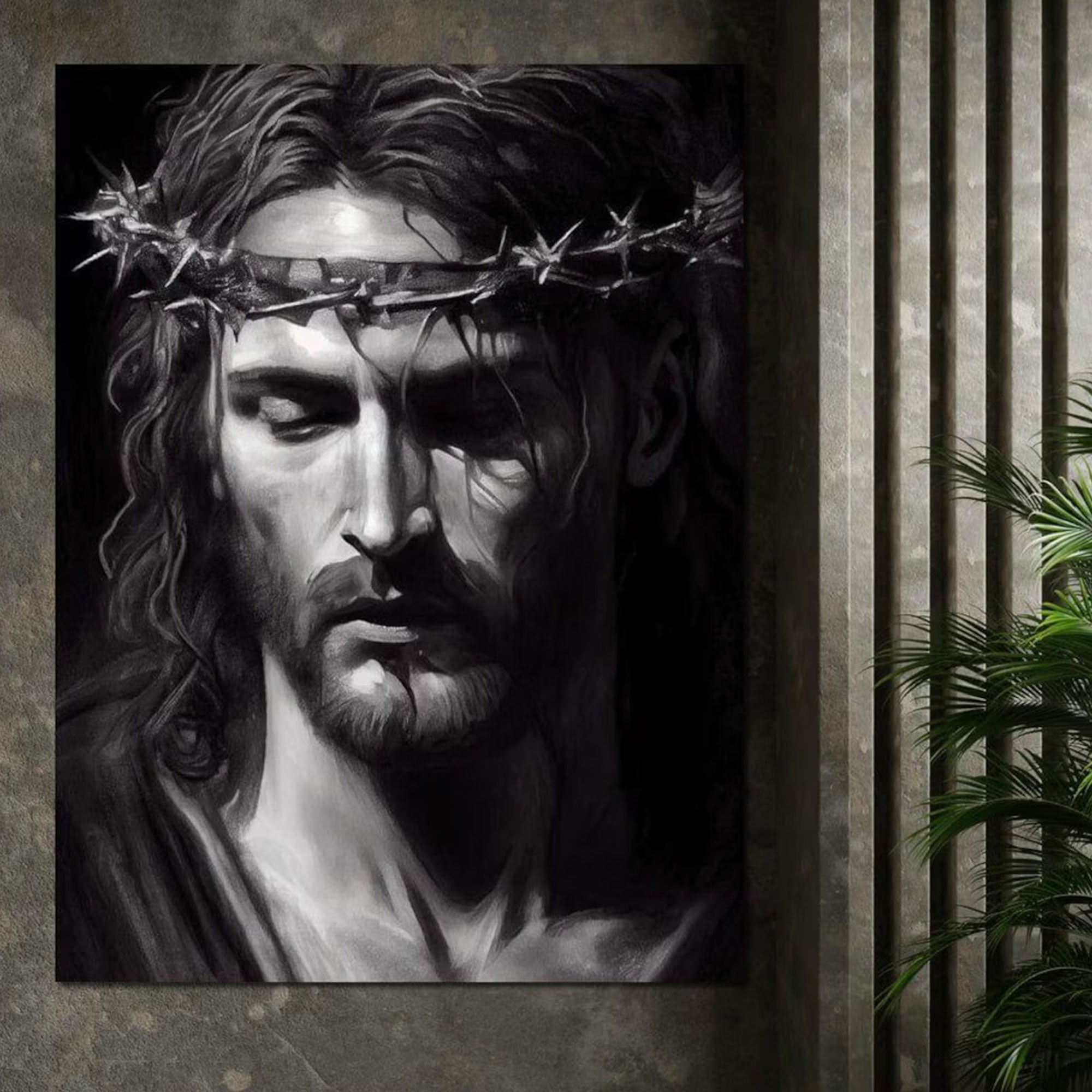 Black & White Jesus Portrait Canvas Print, Crown of Thorns Christian Wall Art, Minimalist Religious Decor