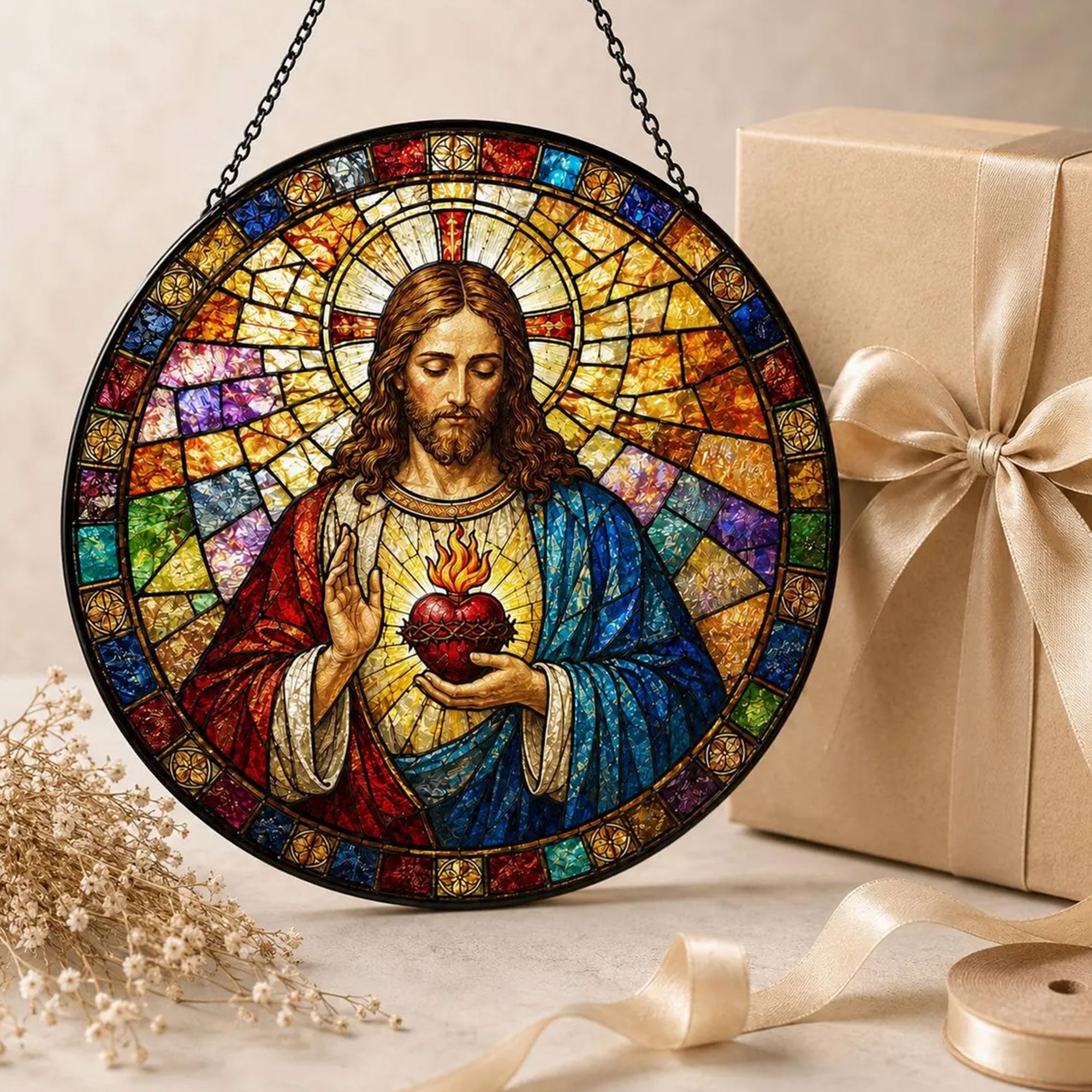 Sacred Heart Jesus Suncatcher, Catholic Window Hanging, Christian Faith Decor Gift