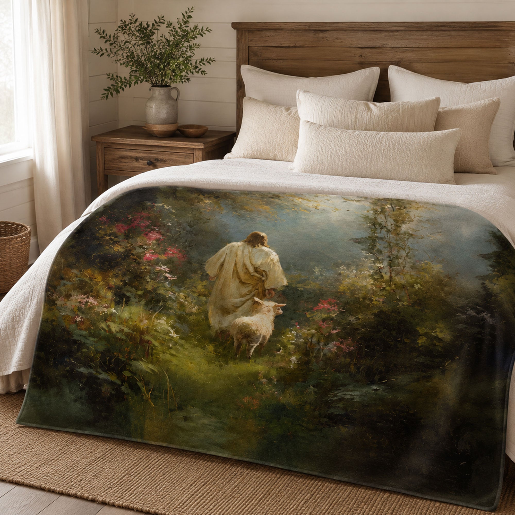Jesus Good Shepherd Fleece Blanket, Christian Lamb Throw, Faith Gift for Believers