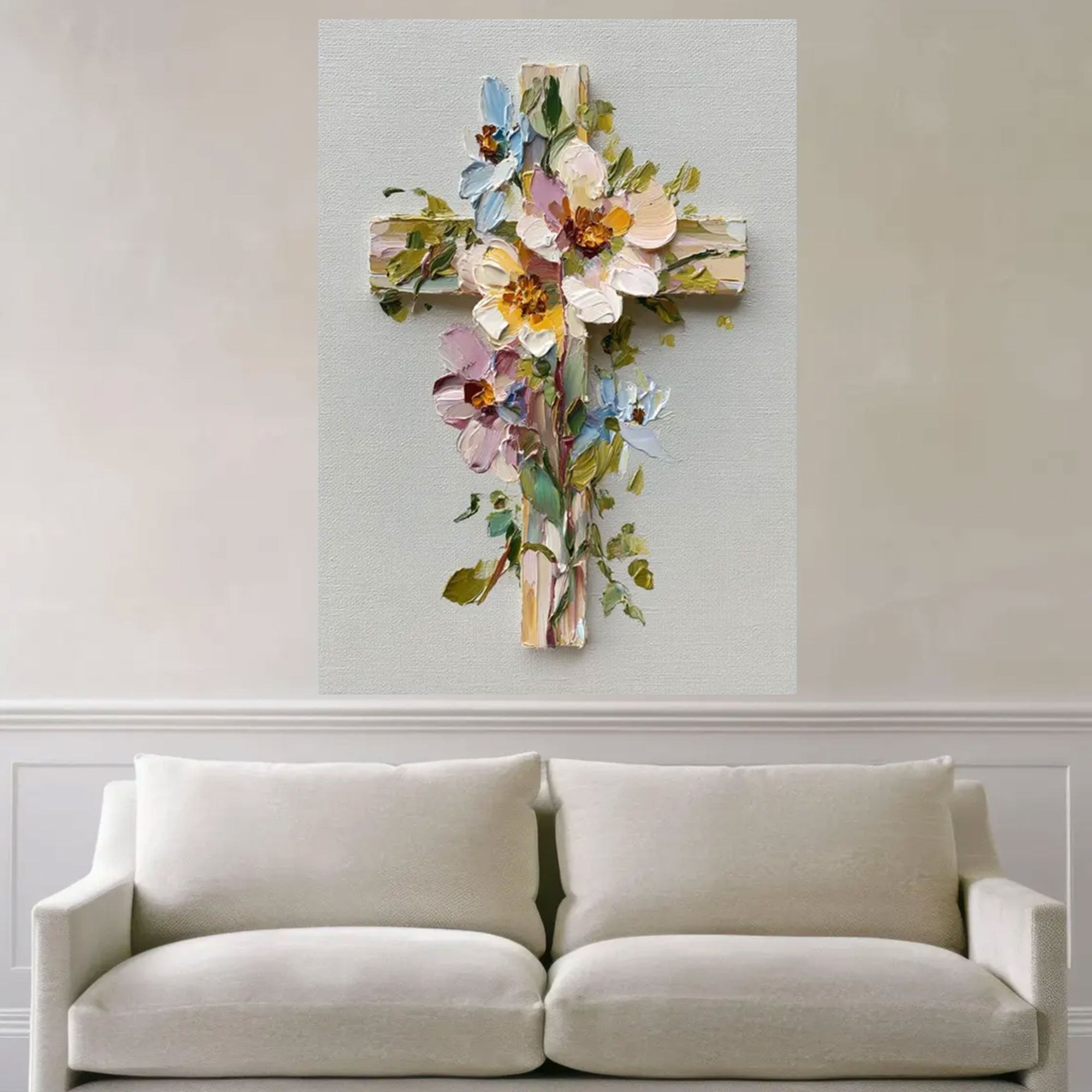 Floral Cross Canvas Print, Rustic Christian Wall Art, Flower Cross Religious Decor, Spiritual Home Decoration, Inspirational Faith Gift