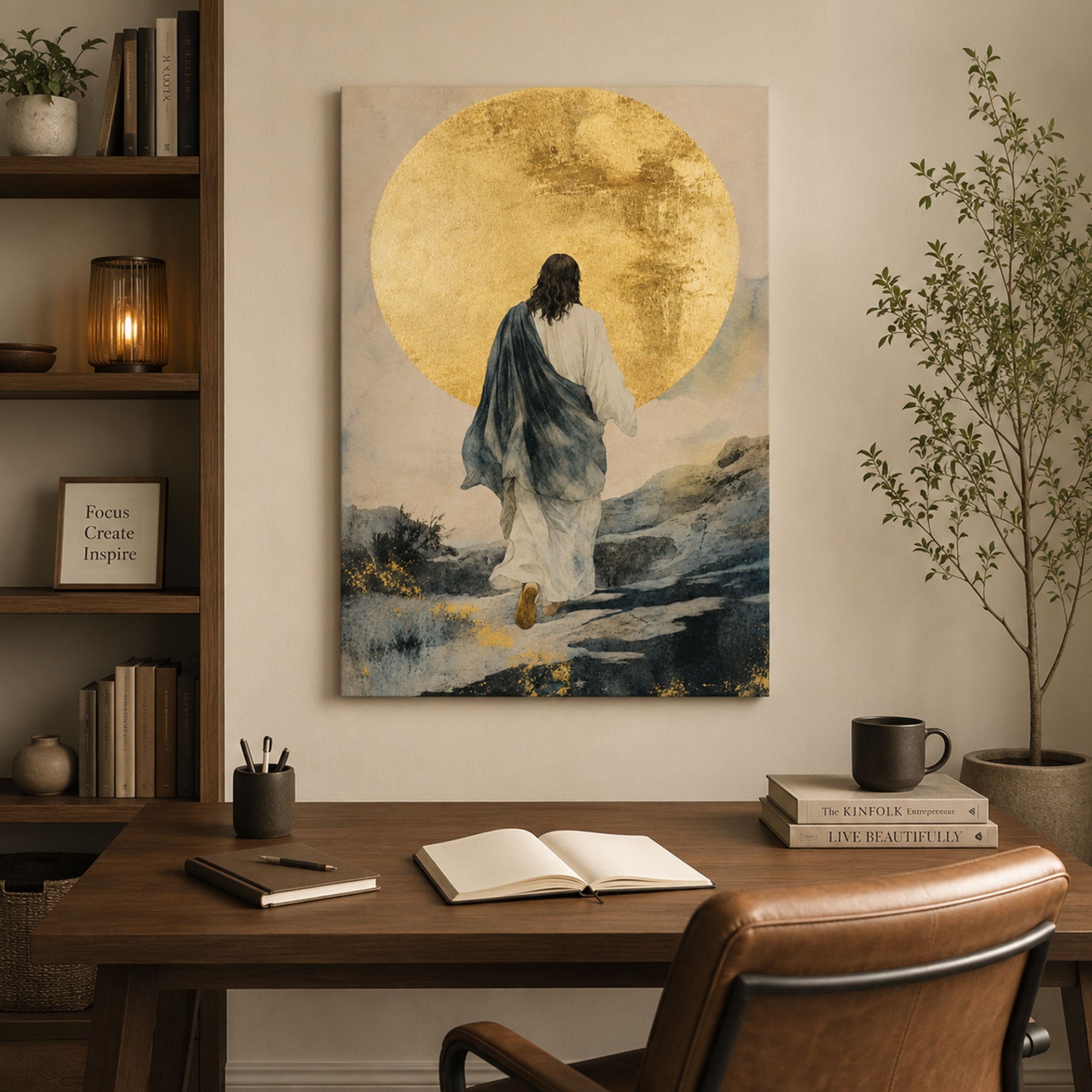 Jesus Walking Toward the Light Canvas Print, Golden Sun Christian Wall Art, Modern Faith Home Decor
