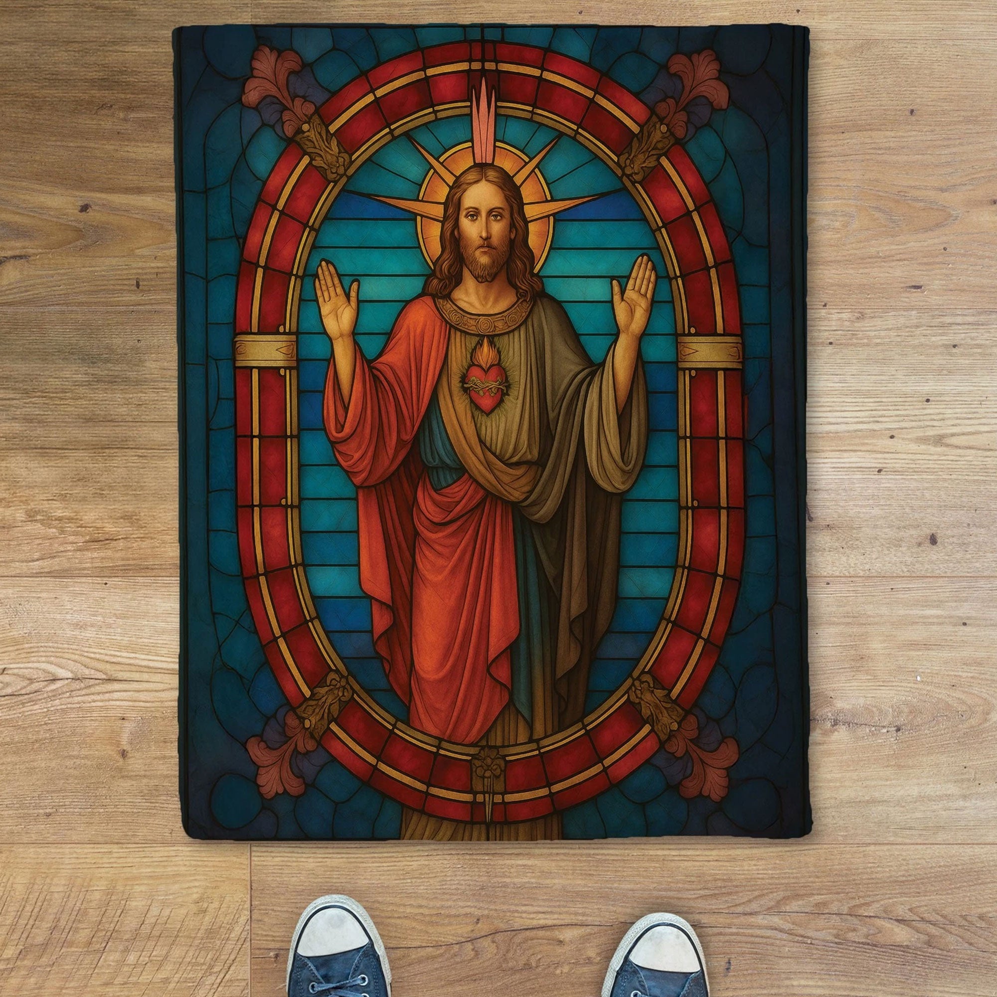 Sacred Heart Jesus Christ Fleece Blanket, Stained Glass Faith Throw, Christian Religious Gift, Inspirational Home Decor