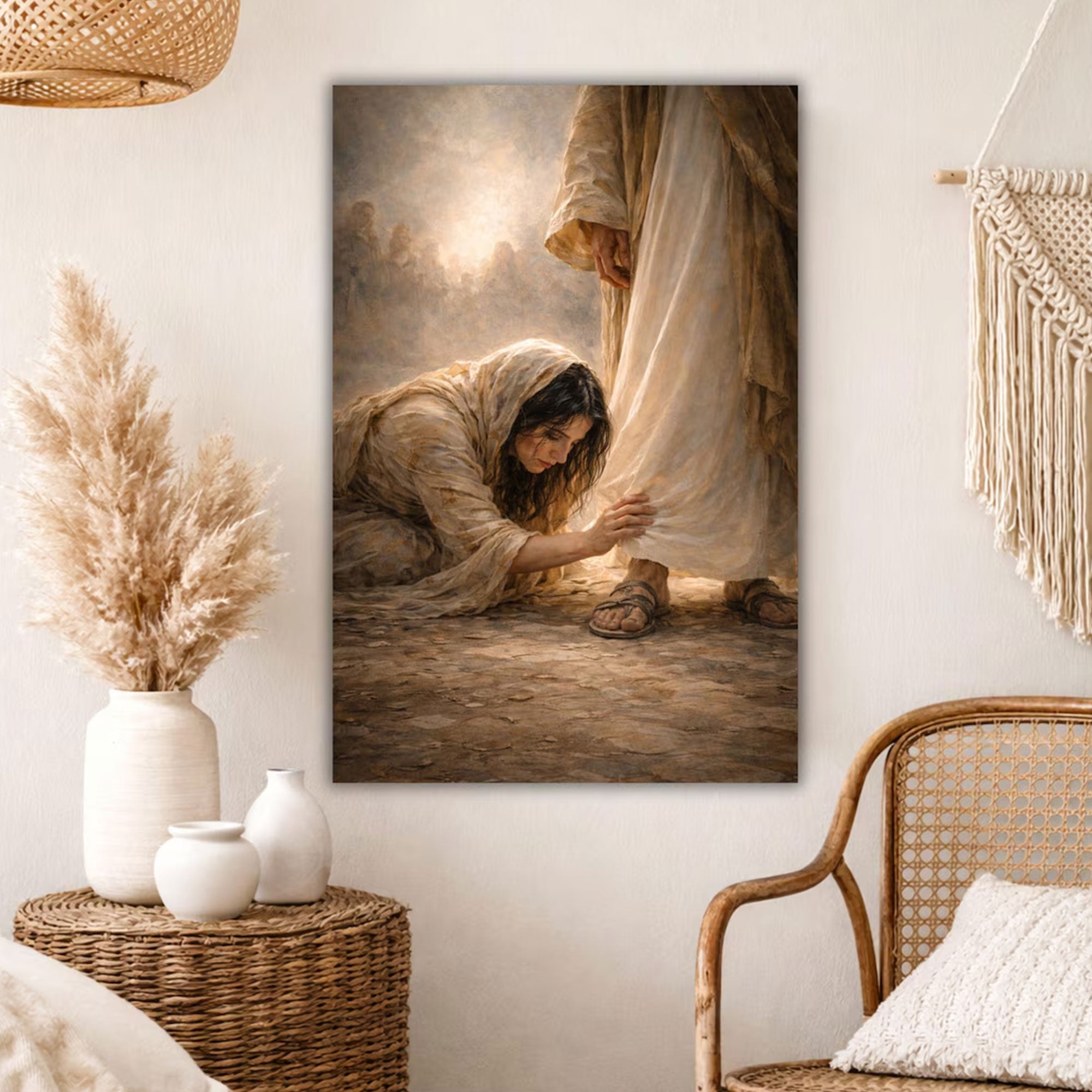 Woman Healed by Faith Canvas Print, Jesus Healing Woman Touching the Hem Wall Art, Christian Decor