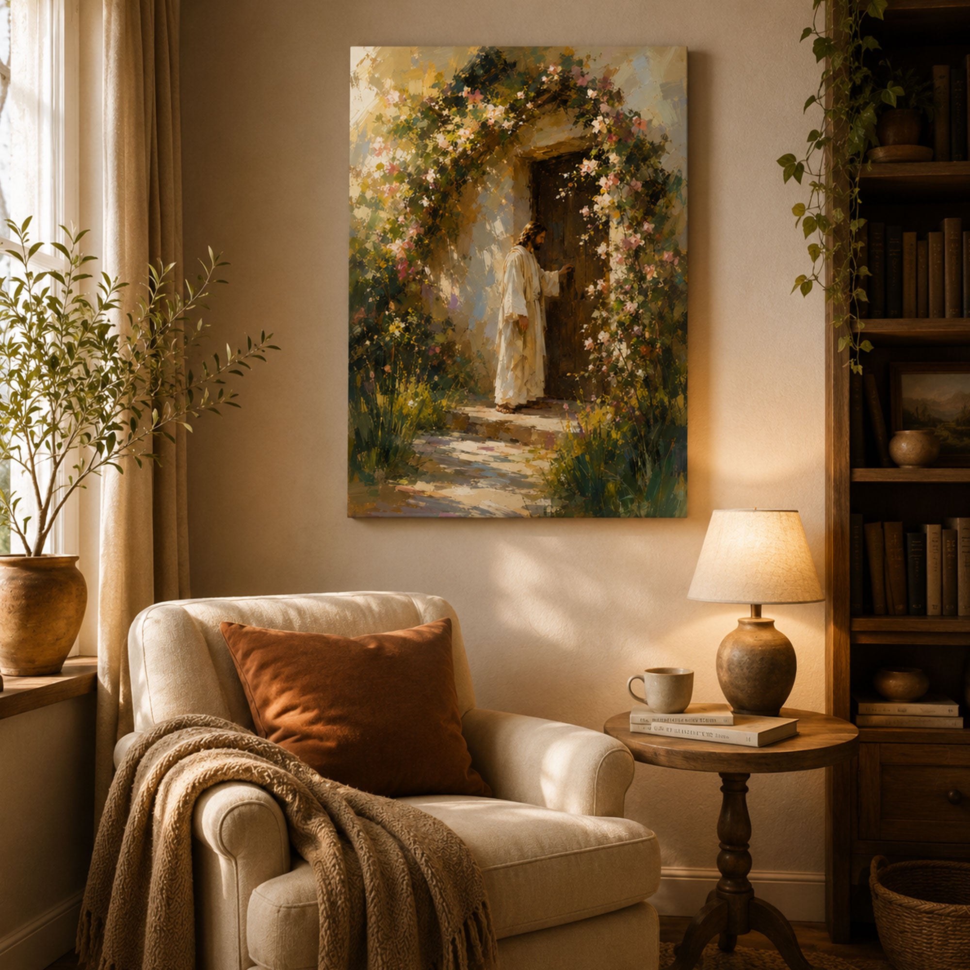 Jesus Knocking at the Door Canvas Print, Floral Christian Wall Art, Faith Home Decor