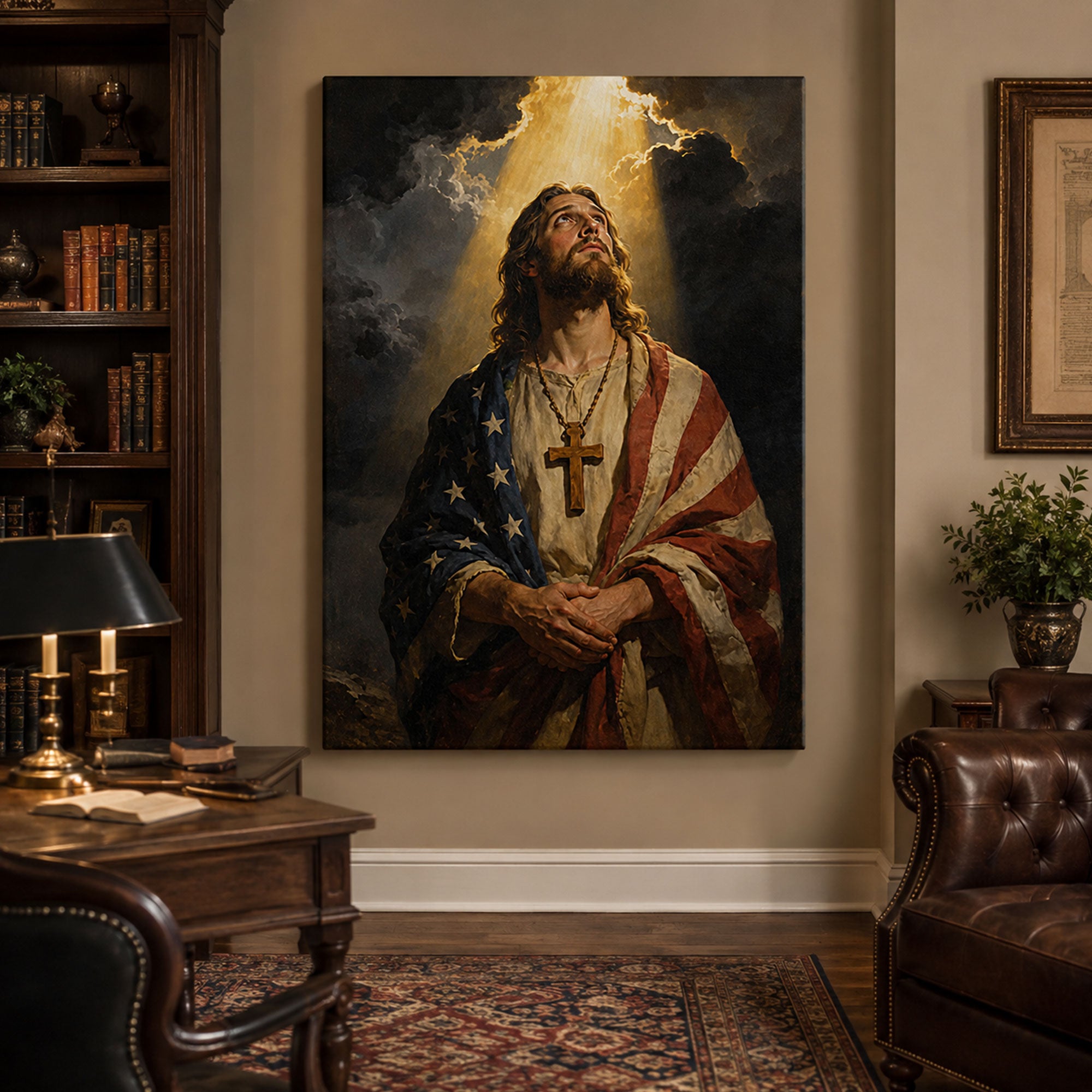 Patriotic Jesus Christ Canvas Print, American Flag Christian Wall Art, USA Faith Home Decor