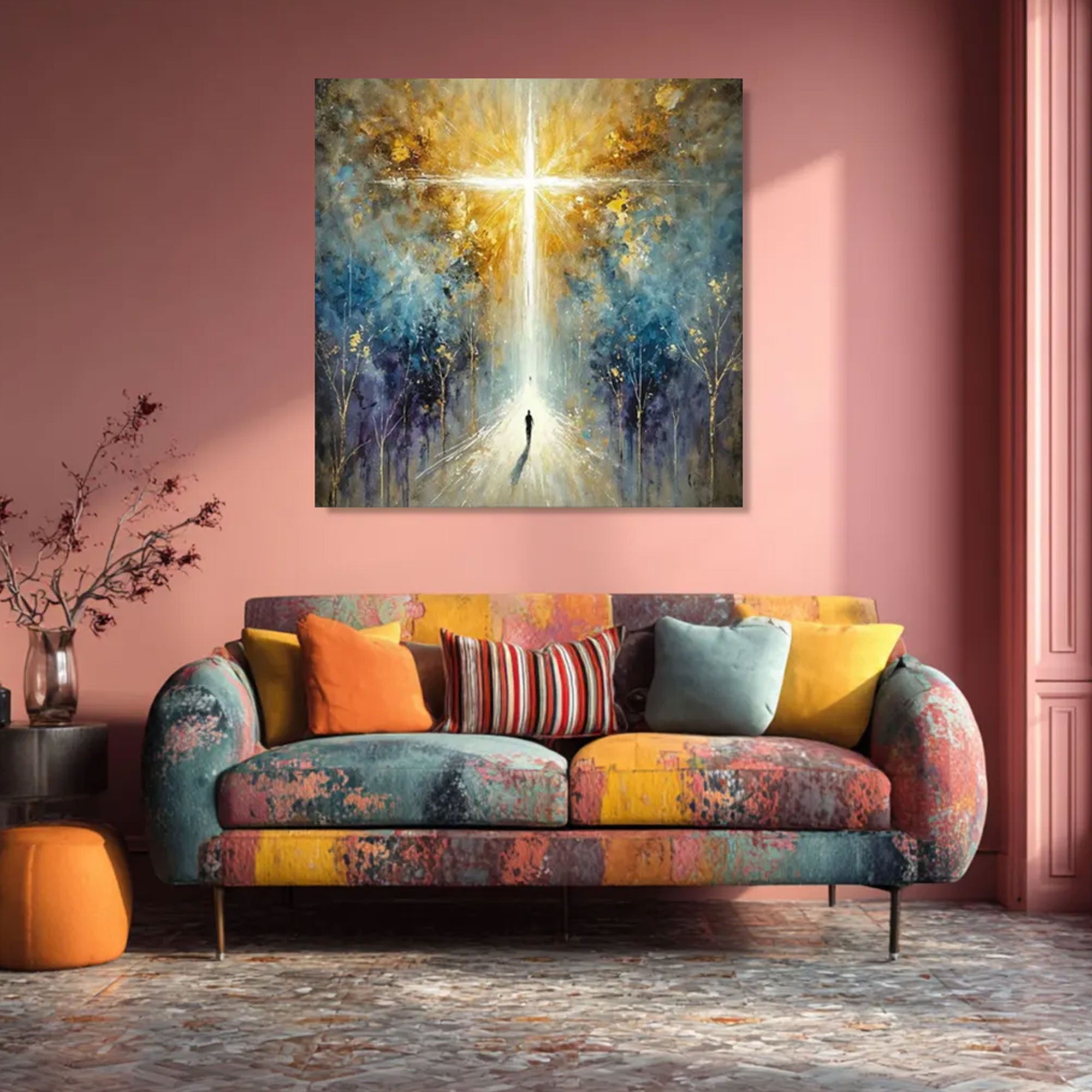 Radiant Cross Light Canvas Print, Spiritual Abstract Wall Art, Christian Inspirational Decor, Faith Journey Artwork