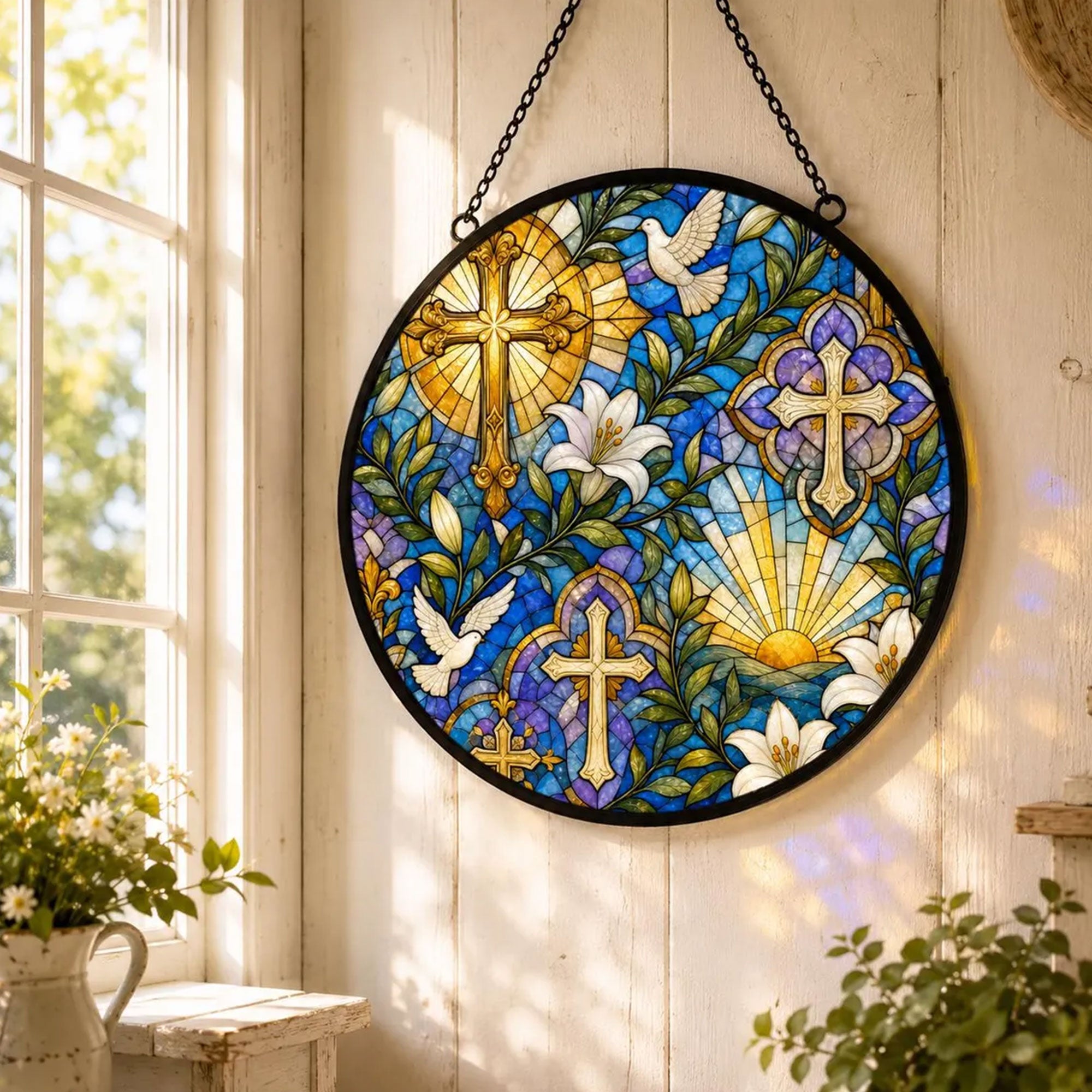 Christian Cross Stained Glass Suncatcher, Lily and Dove Window Hanging, Religious Gift for Mom