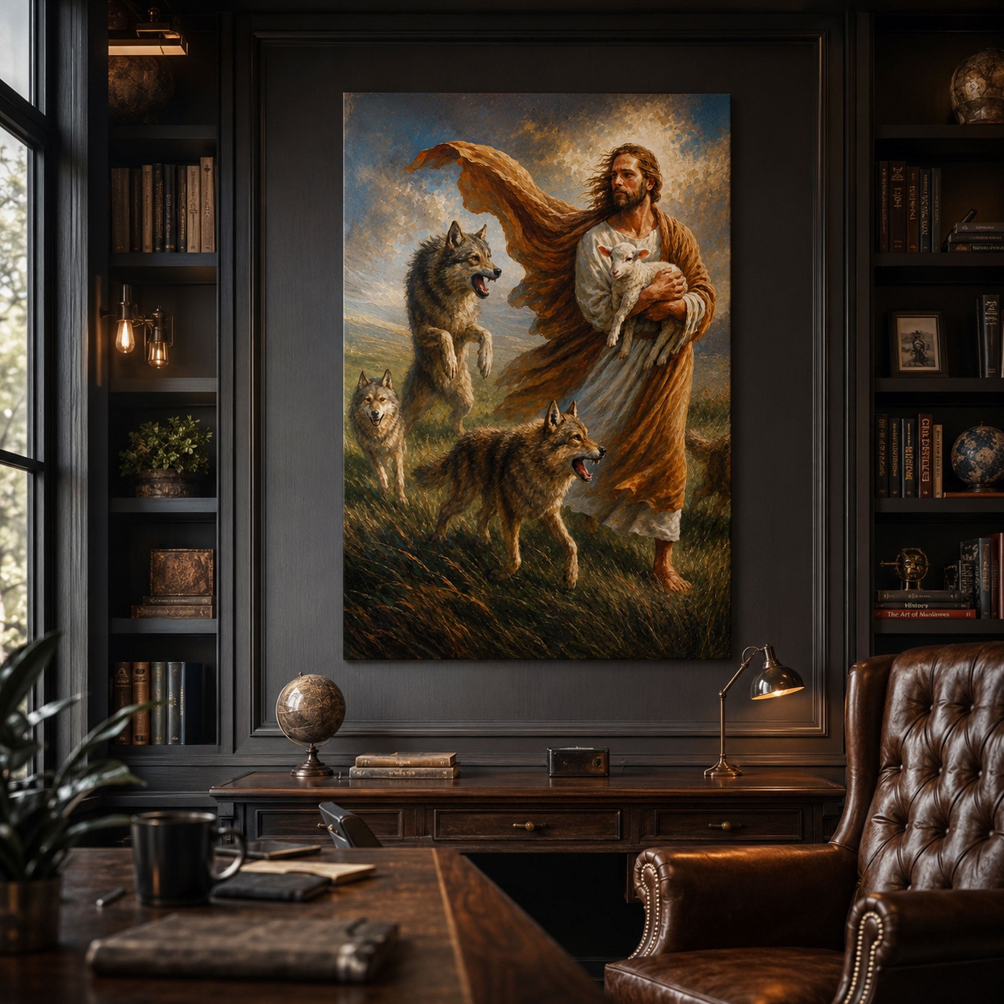 Jesus Protecting the Lamb Canvas Print, Good Shepherd Christian Wall Art, Faith Home Decor Gift
