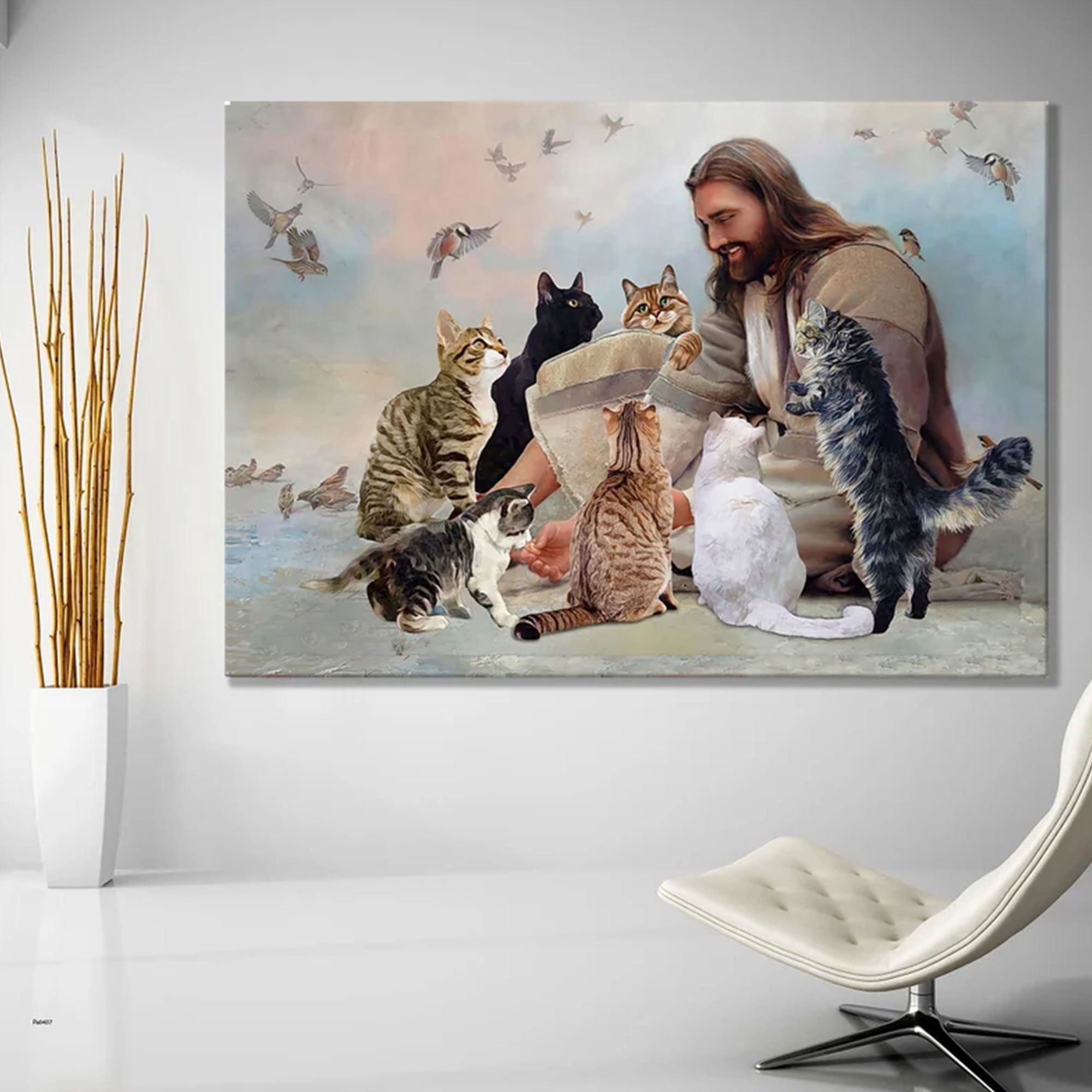 Jesus with Cats Canvas Art, Christian Landscape Wall Decor, Faith Inspired Pet Lover Gift