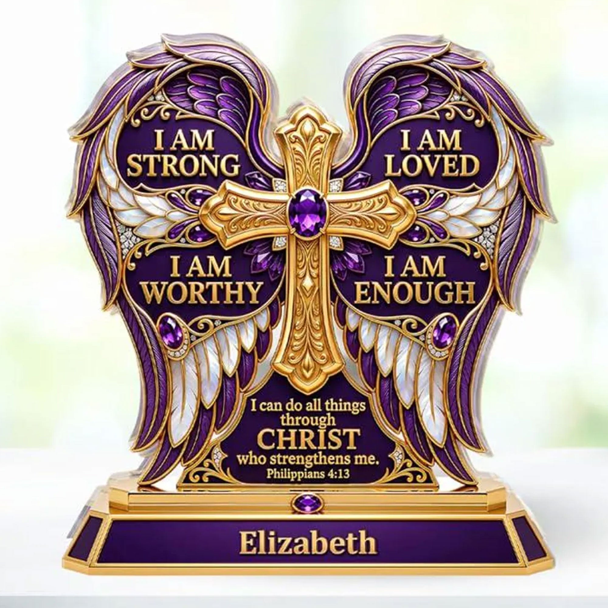 Personalized Philippians 4:13 Acrylic Desk Plaque, I Am Strong I Am Loved Christian Affirmation Gift