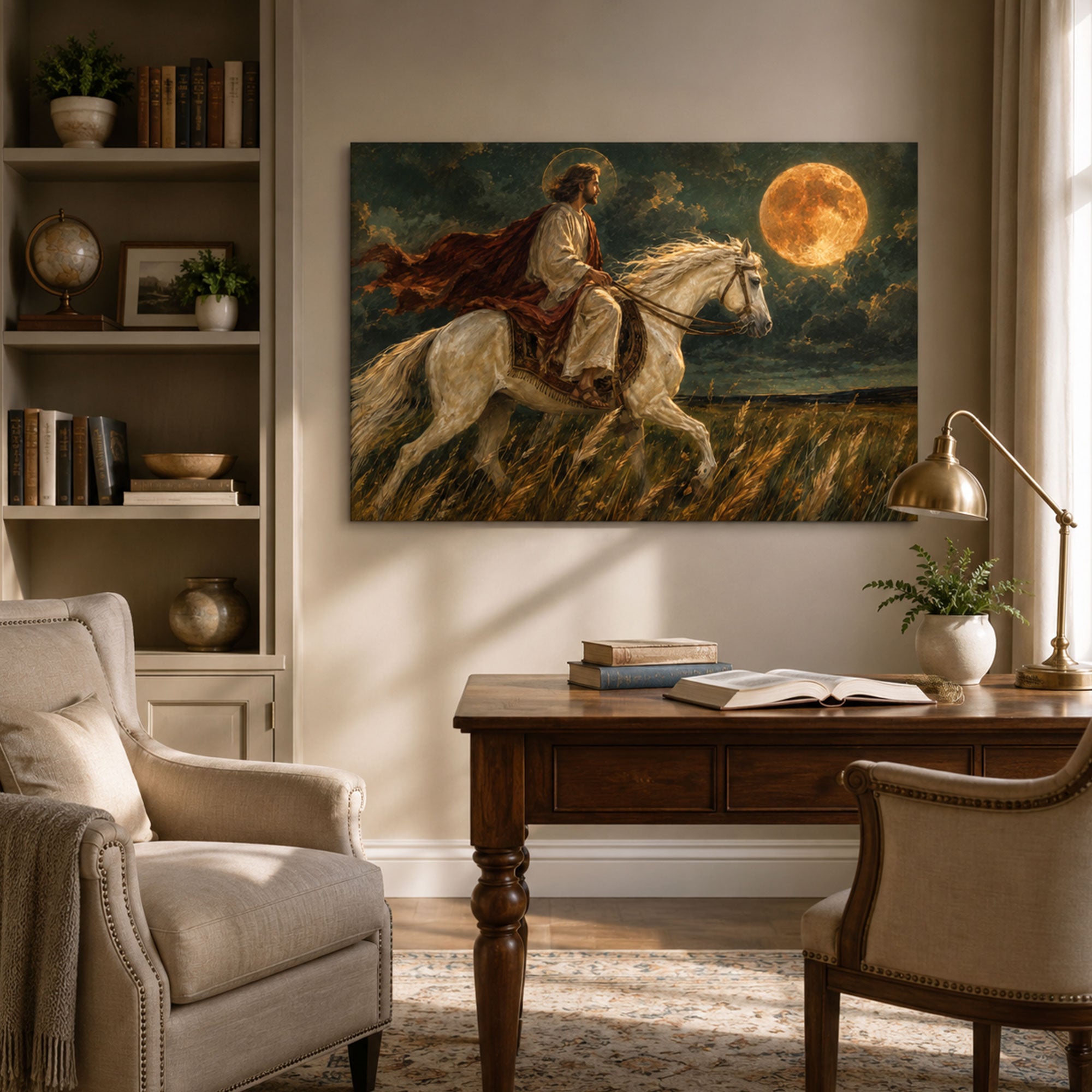 Jesus with White Horse byJesus Riding a White Horse Under the Moon Canvas Print, Christian Home Decor Waterfall Canvas Print
