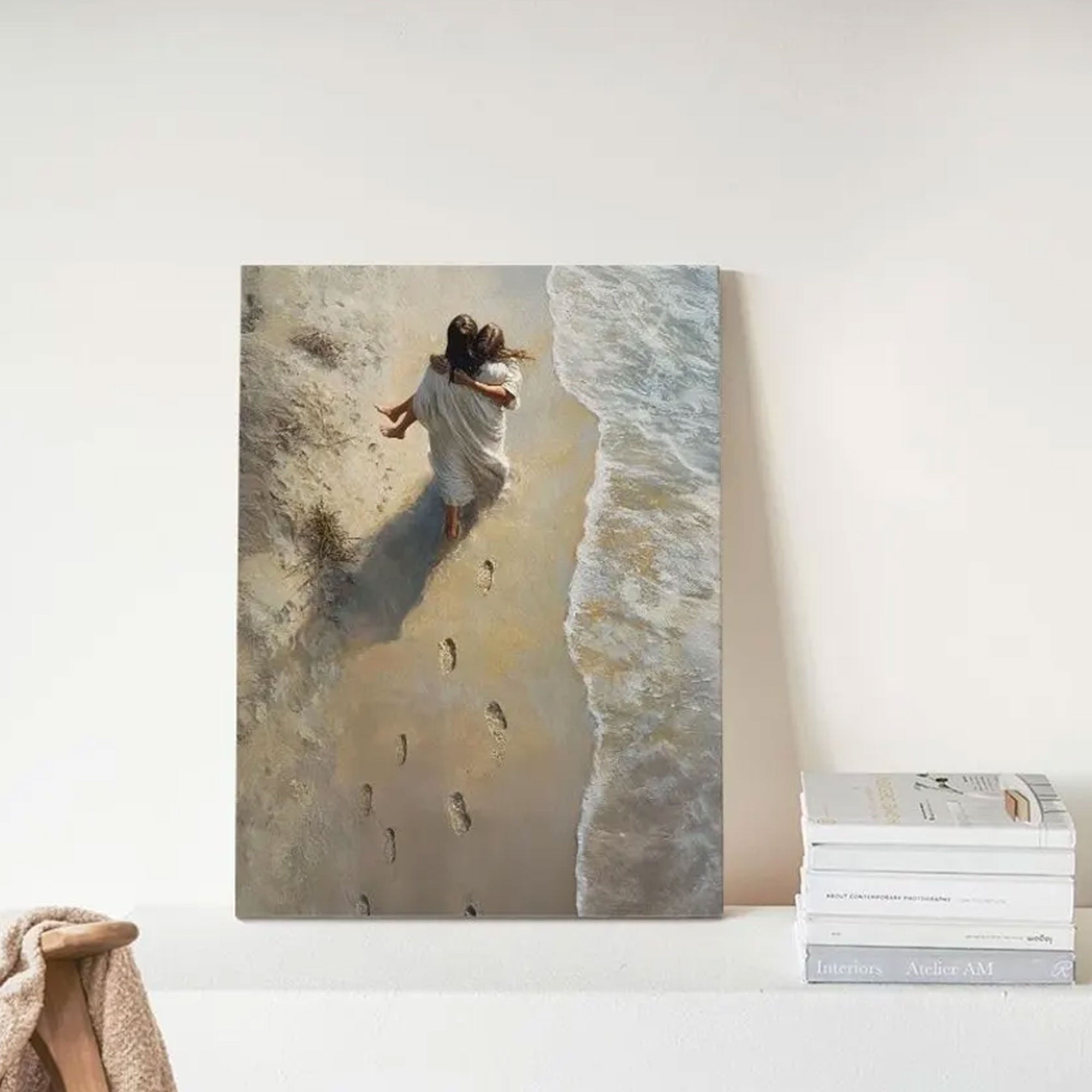 He Carried Me Canvas Print, Jesus Christ Portrait, Footprints in the Sand, Christian Wall Art, Framed Canvas