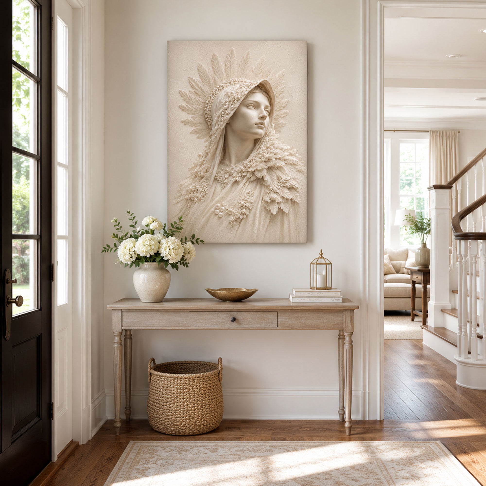 Virgin Mary Ivory Portrait Canvas Print, Catholic Marian Wall Art, Neutral Faith Home Decor Gift