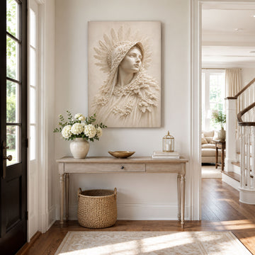 Virgin Mary Ivory Portrait Canvas Print, Catholic Marian Wall Art, Neutral Faith Home Decor Gift