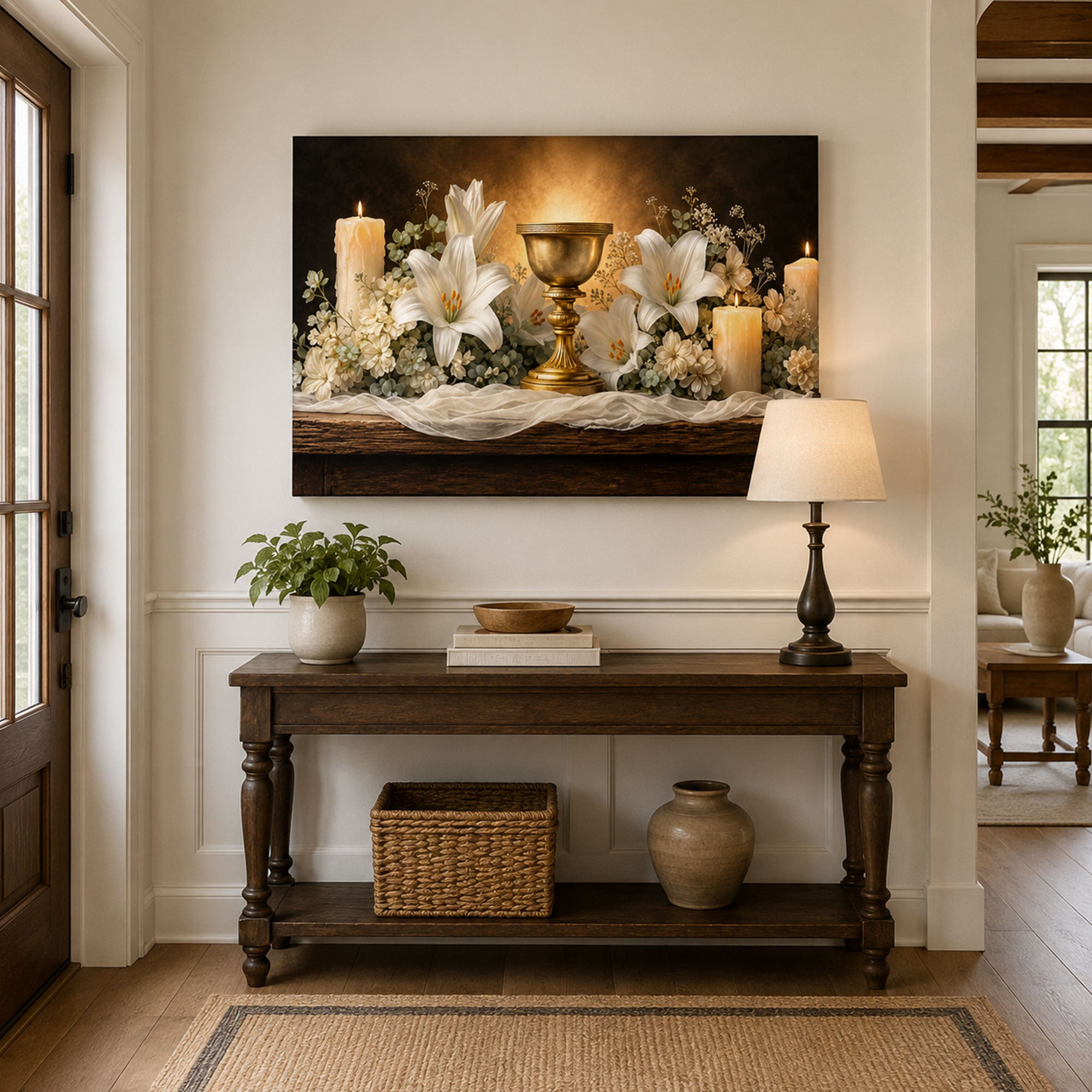 Holy Eucharist Panoramic Canvas Print, Chalice and Lilies Catholic Wall Art, Faith Home Decor Gift
