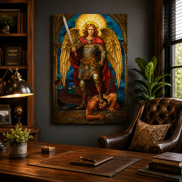St. Michael the Archangel Canvas Print, Stained Glass Style Catholic Angel Wall Art, Faith Home Decor Gift