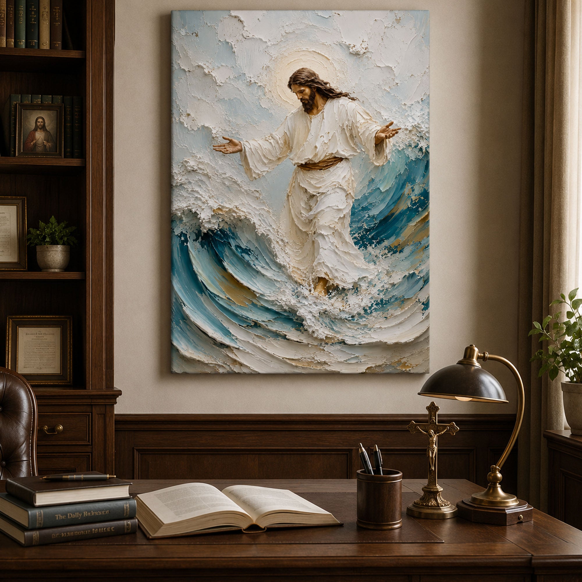 Jesus Walking on Water Canvas Print, Christian Ocean Wall Art, Faith Home Decor