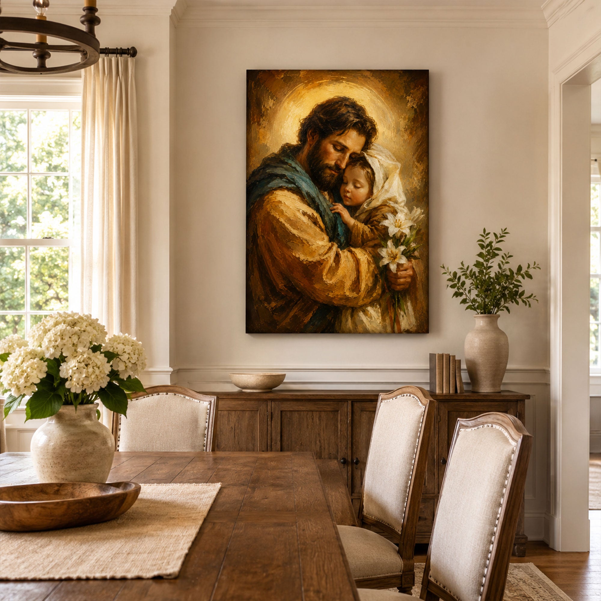 Saint Joseph Holding Child Jesus Canvas Print, Lily Catholic Faith Decor