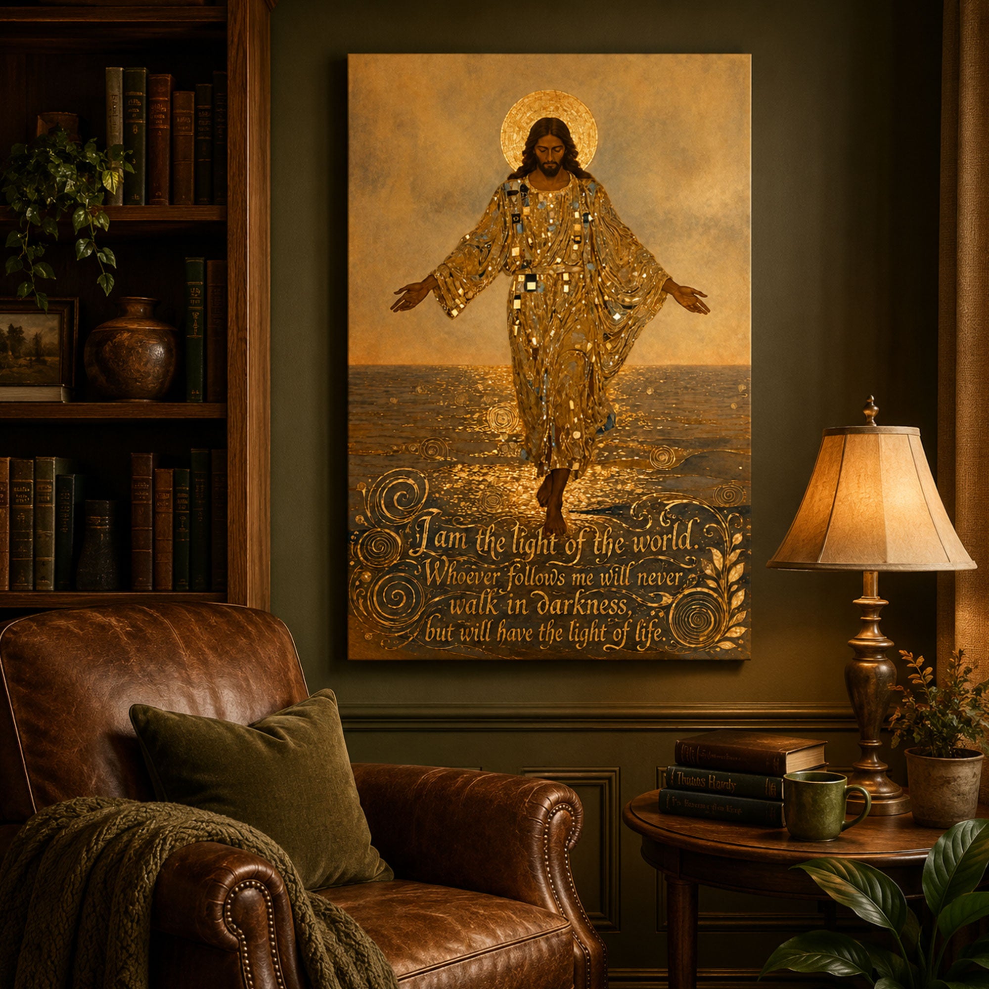 I Am the Light of the World Canvas Print, Golden Jesus Christian Wall Art, Inspirational Bible Verse Faith Decor