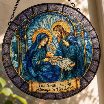 Personalized Holy Family Suncatcher, Custom Family Name Catholic Window Hanging, Christian Family Gift