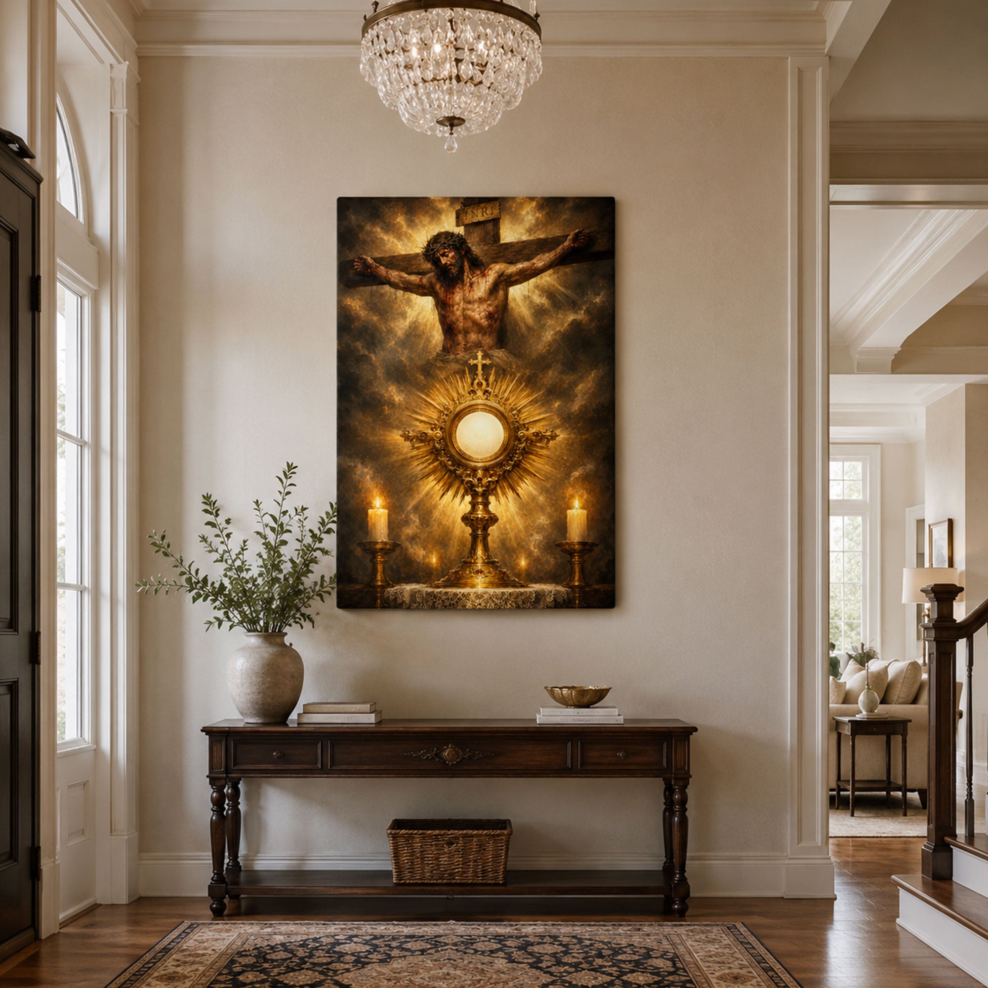 Jesus Crucifixion and Holy Eucharist Canvas Print, Blessed Sacrament Catholic Wall Art, Faith Home Decor Gift