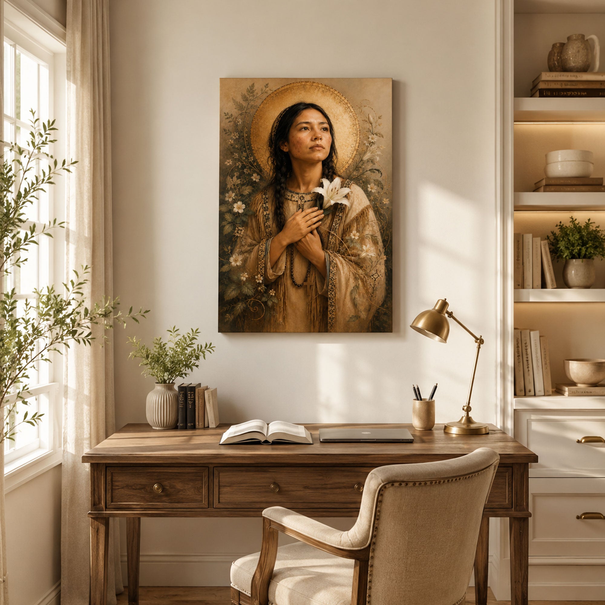 Saint Kateri Tekakwitha Canvas Print, Native American Catholic Saint Wall Art, Lily Flower Faith Home Decor Gift