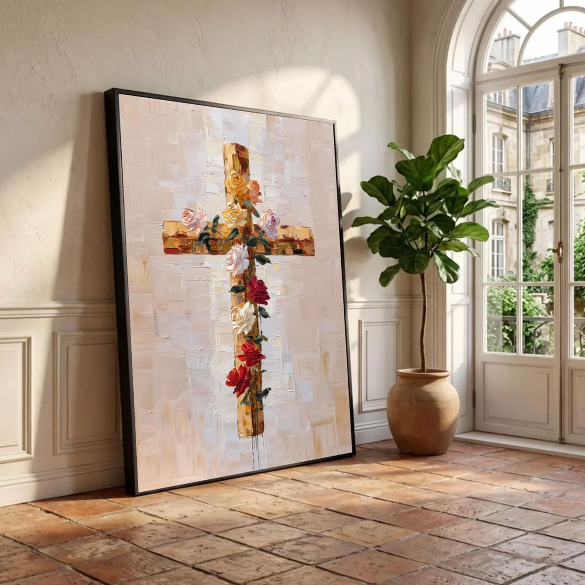 Floral Cross Canvas Print, Rose Christian Wall Art, Religious Faith Decor, Inspirational Spiritual Artwork
