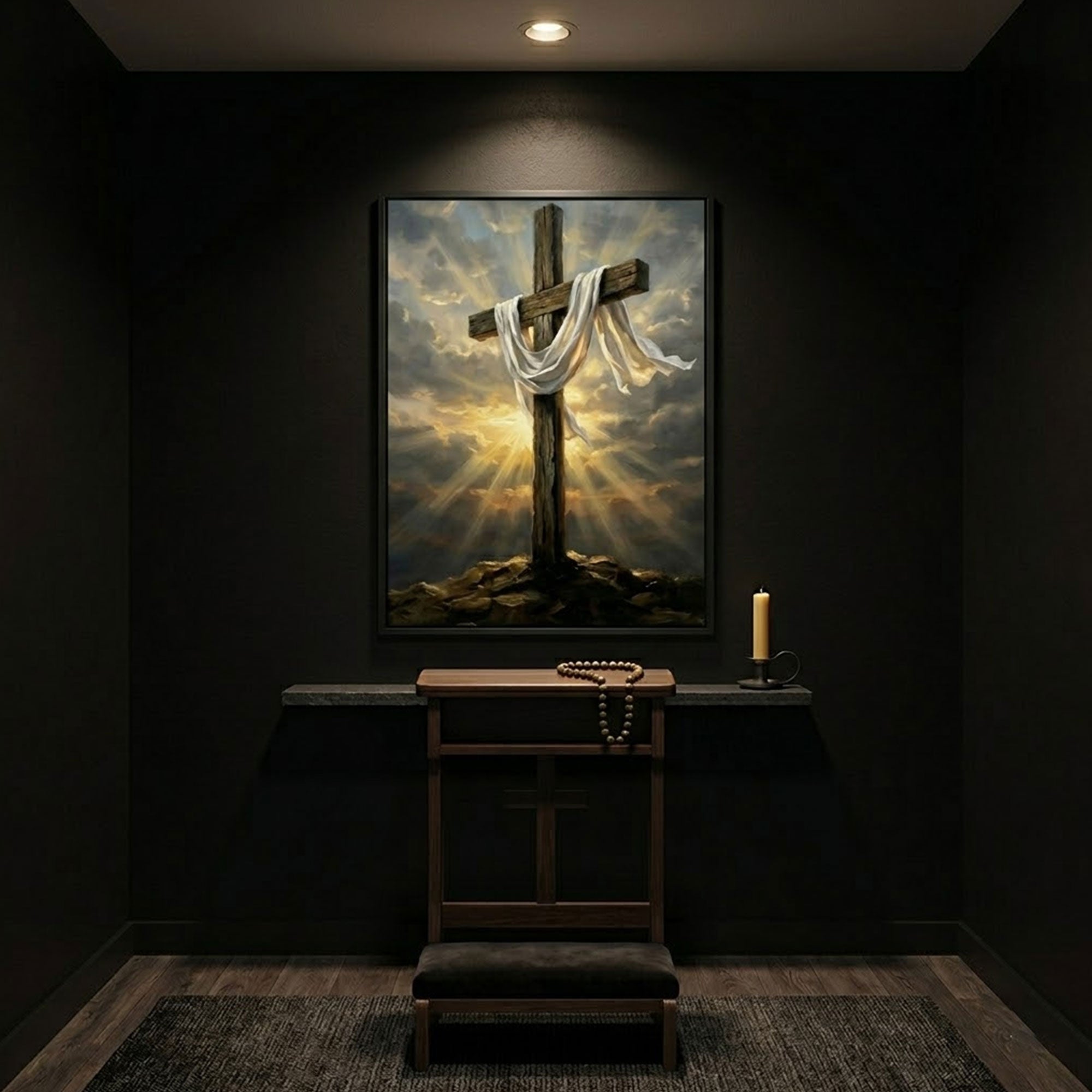 Empty Cross Canvas Print, Resurrection Easter Christian Wall Art, Wooden Cross with Shroud Decor, Symbol of New Life, Inspirational Faith Gift