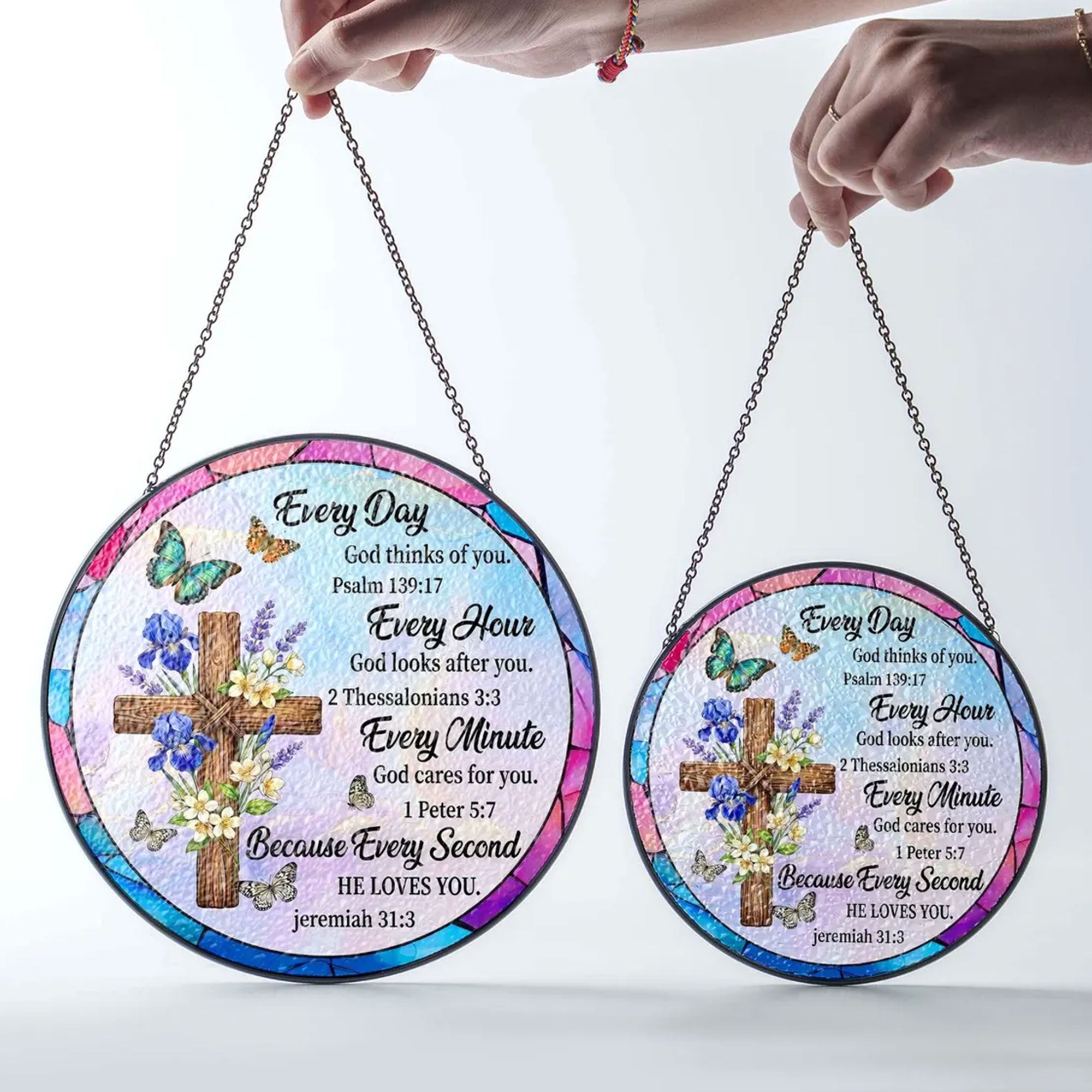 Stained Glass Suncatcher with Bible Verse, Christian Window Hanging Decor, Inspirational Faith Gift for Women