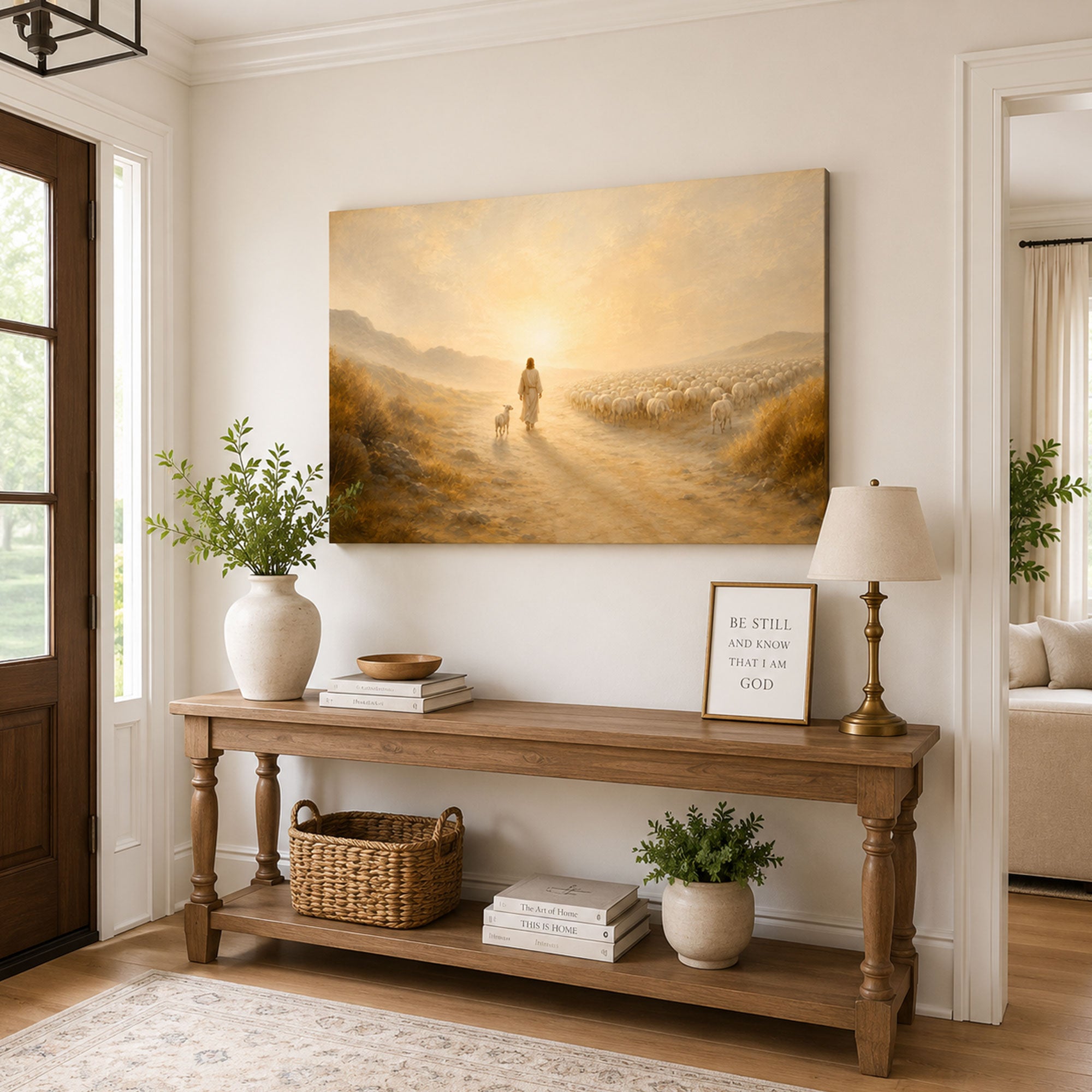 Jesus the Good Shepherd Canvas Print, Sheep Flock Christian Wall Art, Golden Valley Faith Home Decor Gift