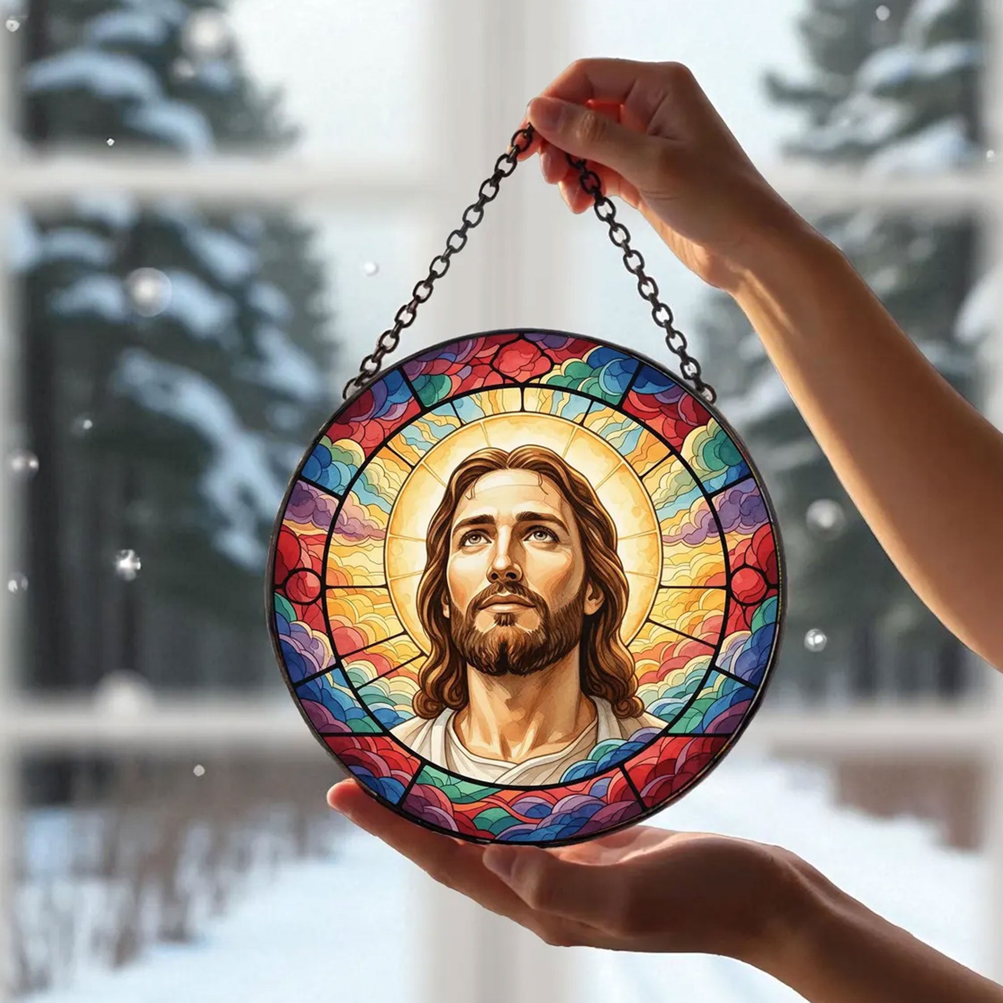 Jesus Christ Stained Glass Suncatcher, Christian Window Hanging Decor, Religious Faith Gift, Spiritual Home Ornament