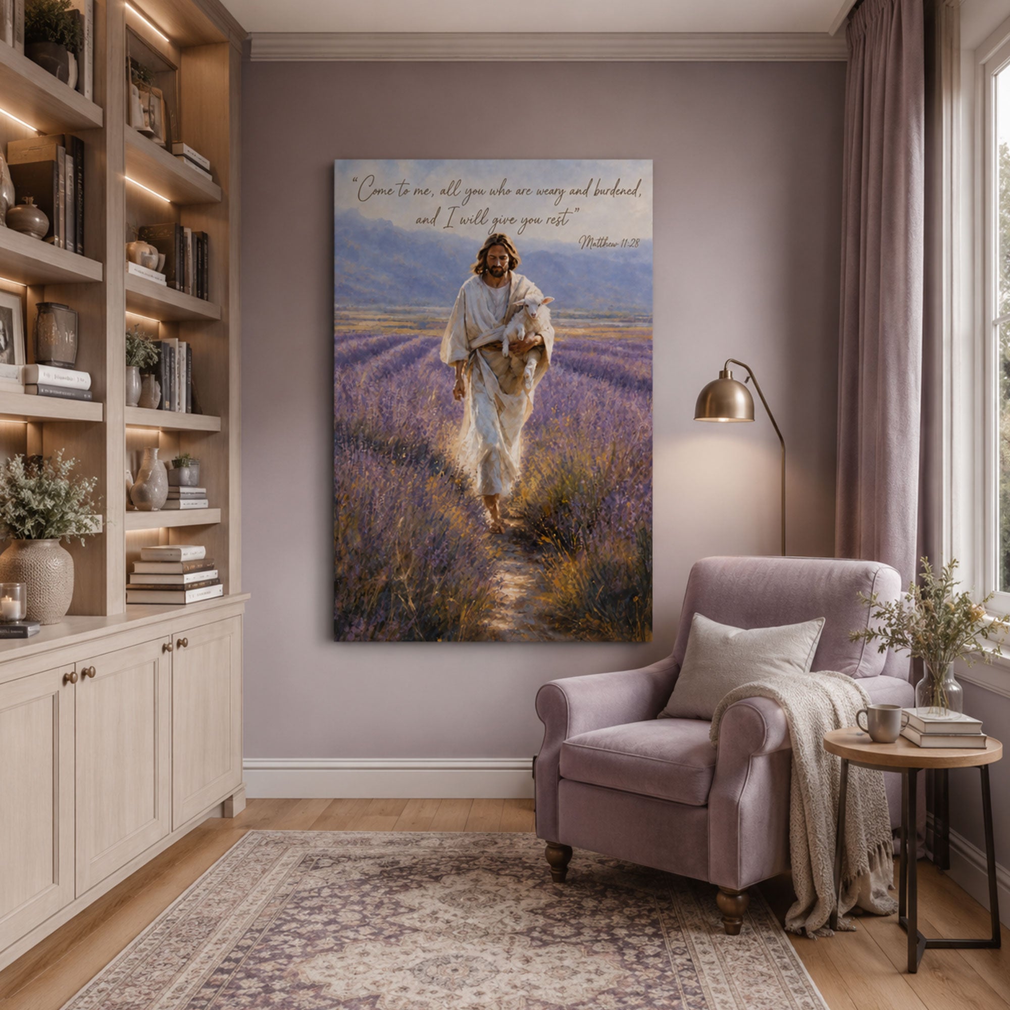 Come to Me All Who Are Weary Canvas Print, Jesus Carrying Lamb Christian Wall Art, Matthew 11 28 Faith Decor
