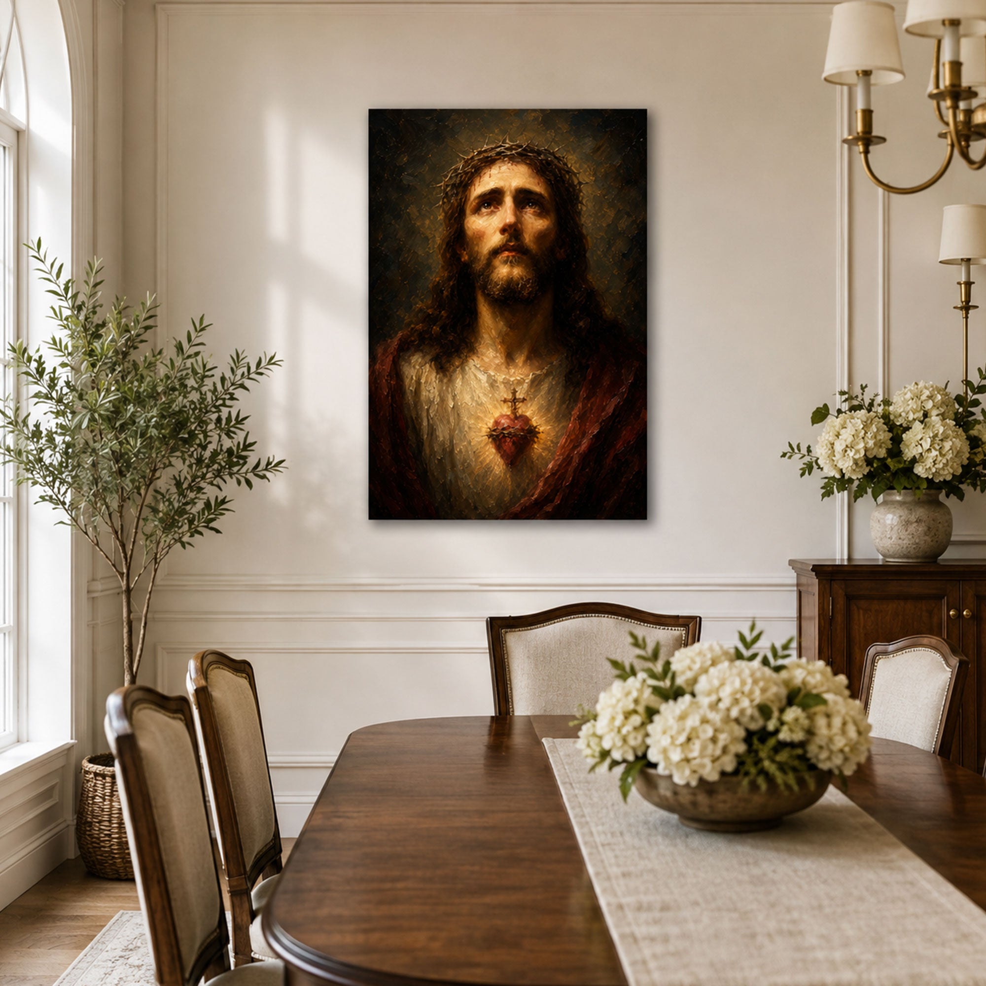 Sacred Heart of Jesus Canvas Print, Crown of Thorns Catholic Wall Decor, Christian Faith Gift
