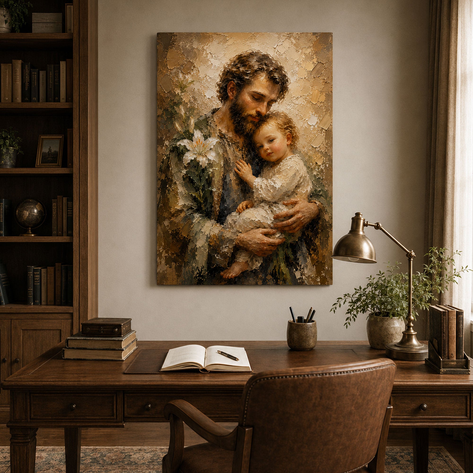 St. Joseph and Child Jesus Canvas Print, Saint Joseph with Lily Catholic Wall Art, Christian Family Home Decor