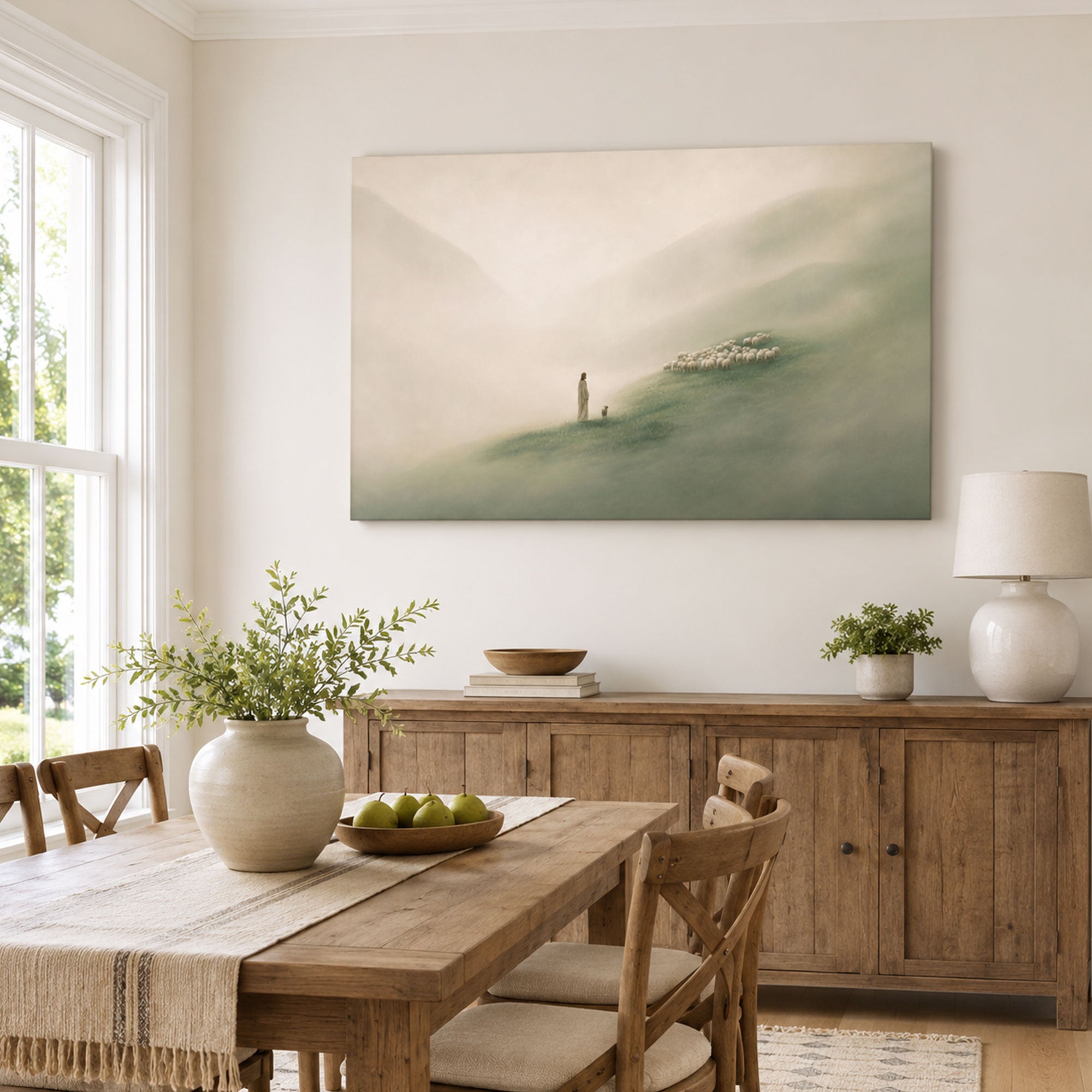 Jesus Reuniting the Lamb with the Flock Canvas Print, Misty Hills Christian Decor