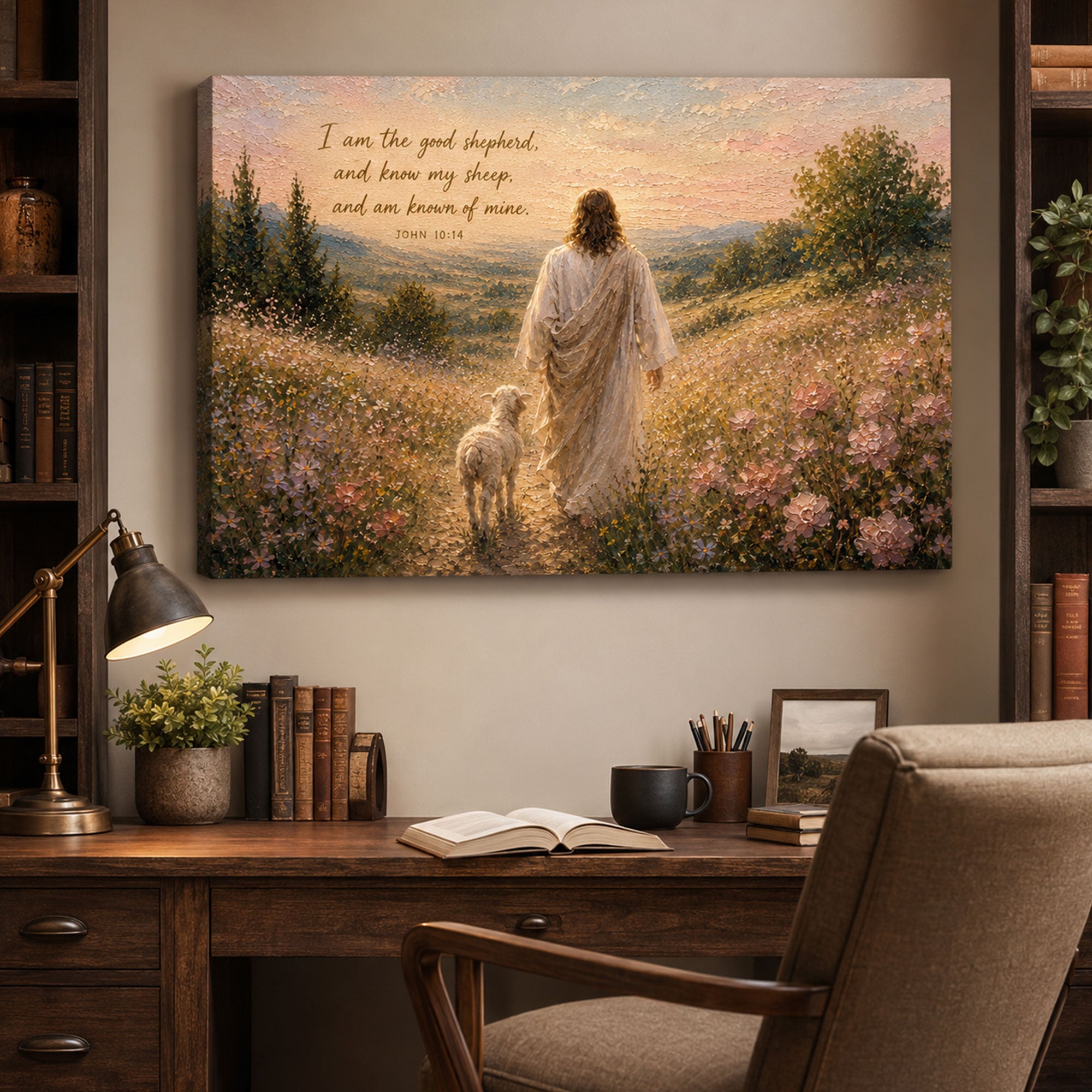 Jesus Good Shepherd Canvas Print John 10:14 Christian Wall Art Floral Landscape Faith Home Decor