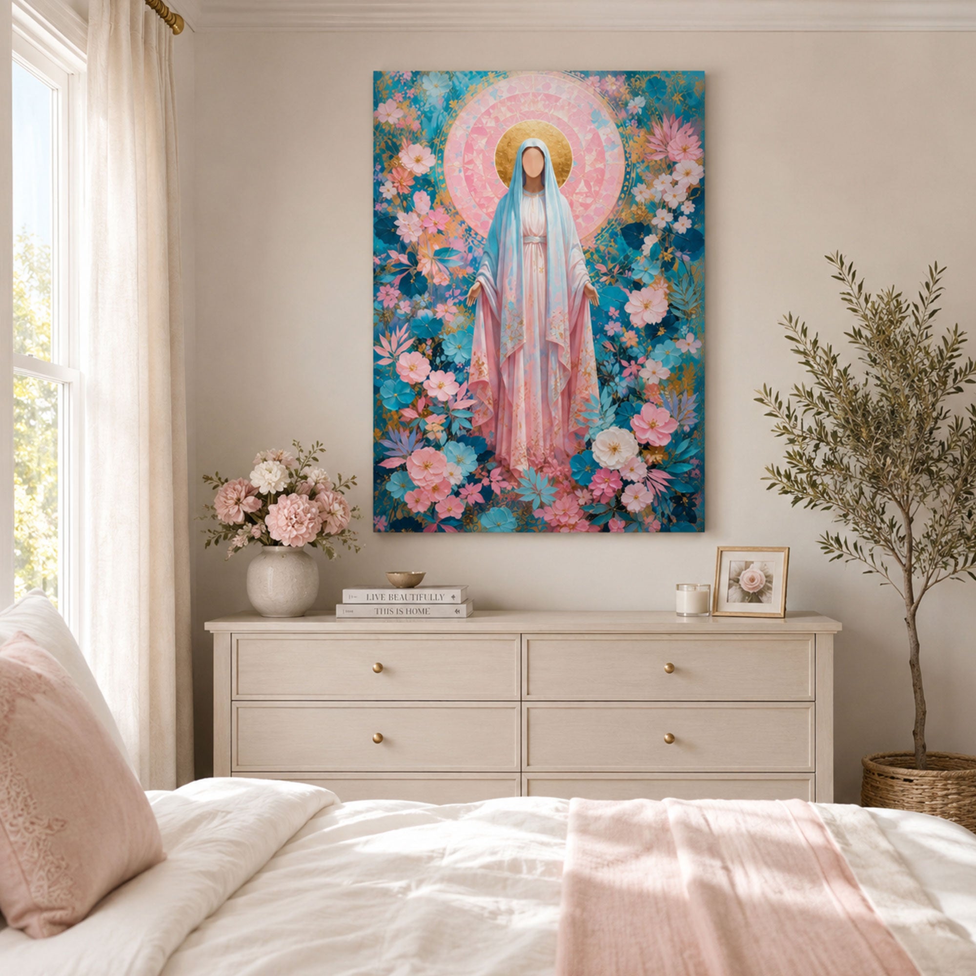 Our Lady of Grace Canvas Print, Floral Virgin Mary Catholic Wall Decor, Marian Faith Gift