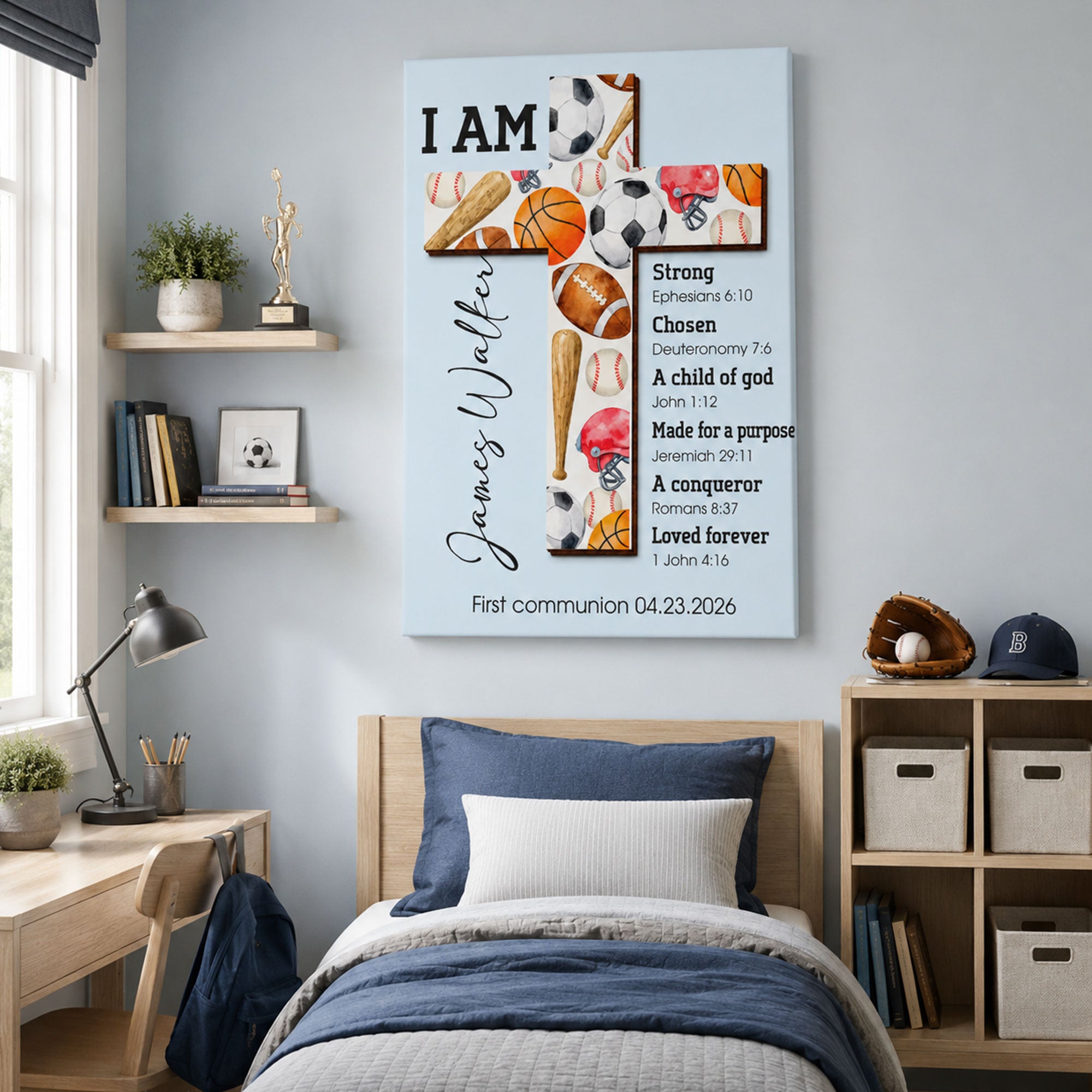 Custom First Communion Gift for Boy, Personalized Sports Cross Canvas Print, Christian Bible Verse Keepsake, Baptism Confirmation Gift