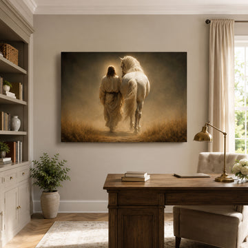 Jesus Walking Beside a White Horse Canvas Print, Golden Christian Faith Art