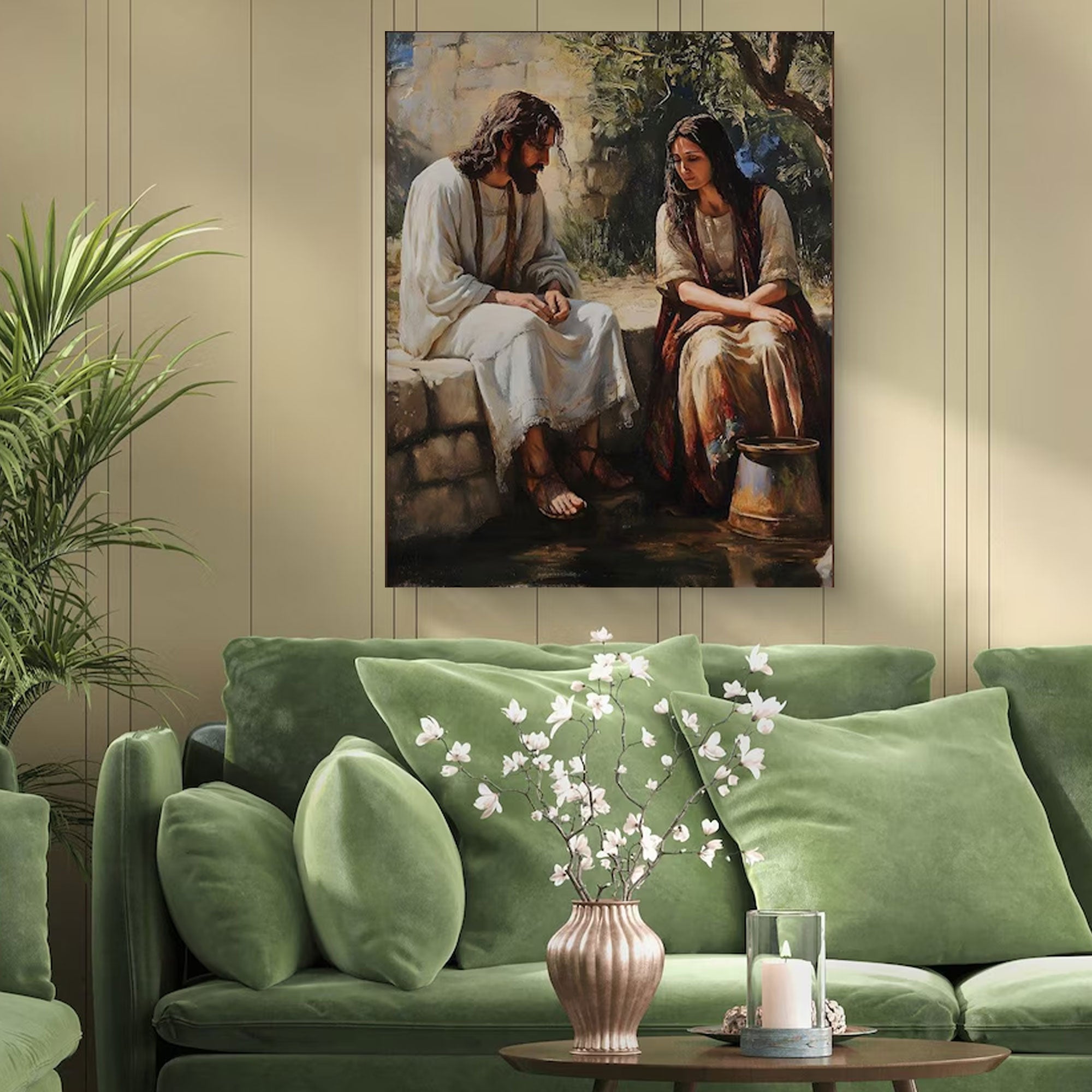 Jesus and the Samaritan Woman at the Well Canvas Print, Christian Biblical Wall Art, Inspirational Faith Decor