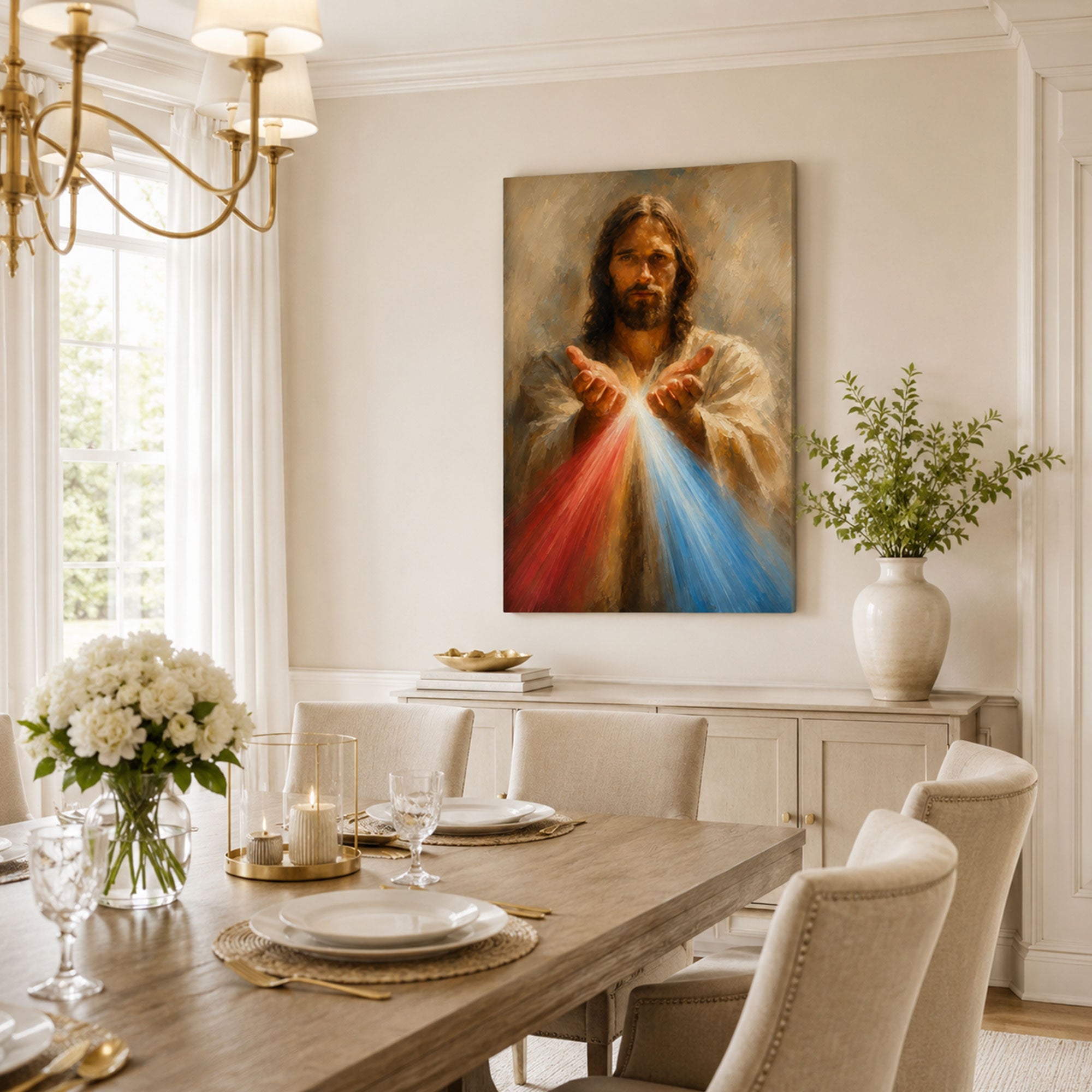 Divine Mercy Jesus Canvas Print, Red and Blue Rays Catholic Wall Decor, Christian Faith Gift