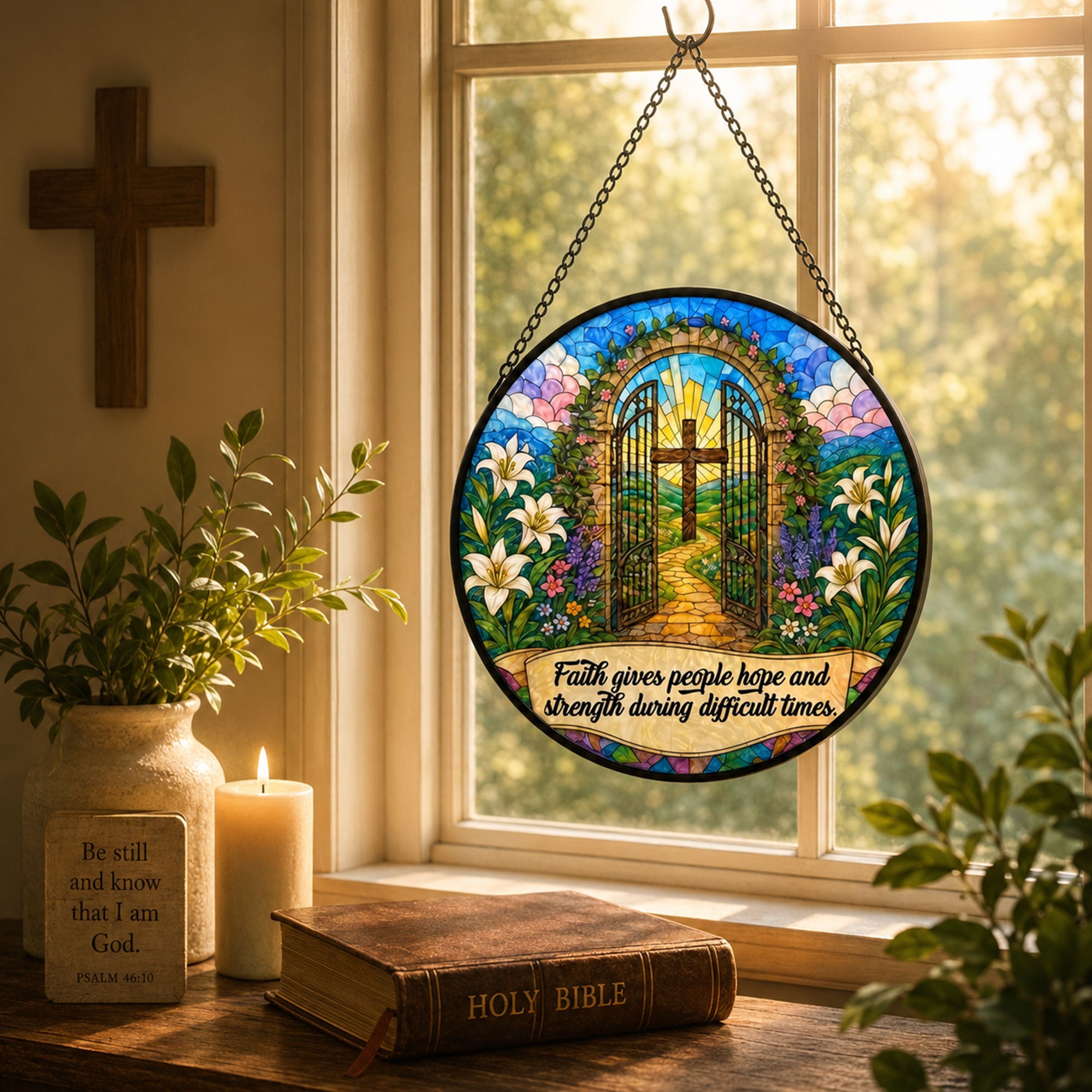 Faith Gives Hope and Strength Suncatcher, Christian Cross Window Hanging, Inspirational Religious Gift