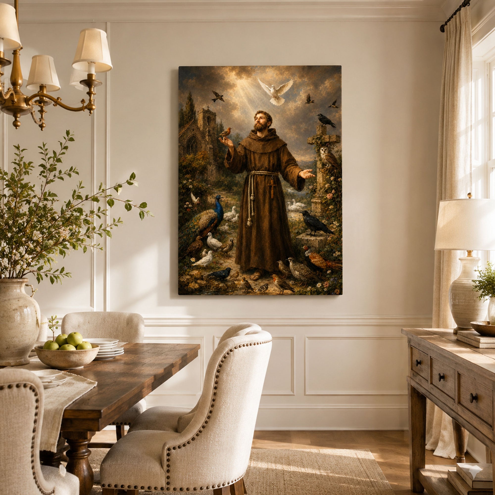 Saint Francis of Assisi with Birds Canvas Print, Catholic Saint Nature Wall Art, Faith Home Decor Gift